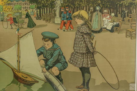 Louis Abel Truchet 1857-1918 French Figural Litho: Louis Abel-Truchet (French, 1857 - 1918). Lithograph titled "Au Jardin du Luxembourg." Depicts a landscape scene with a boy and girl playing with a sailboat. Housed in a gold wood frame. Work Size: 23