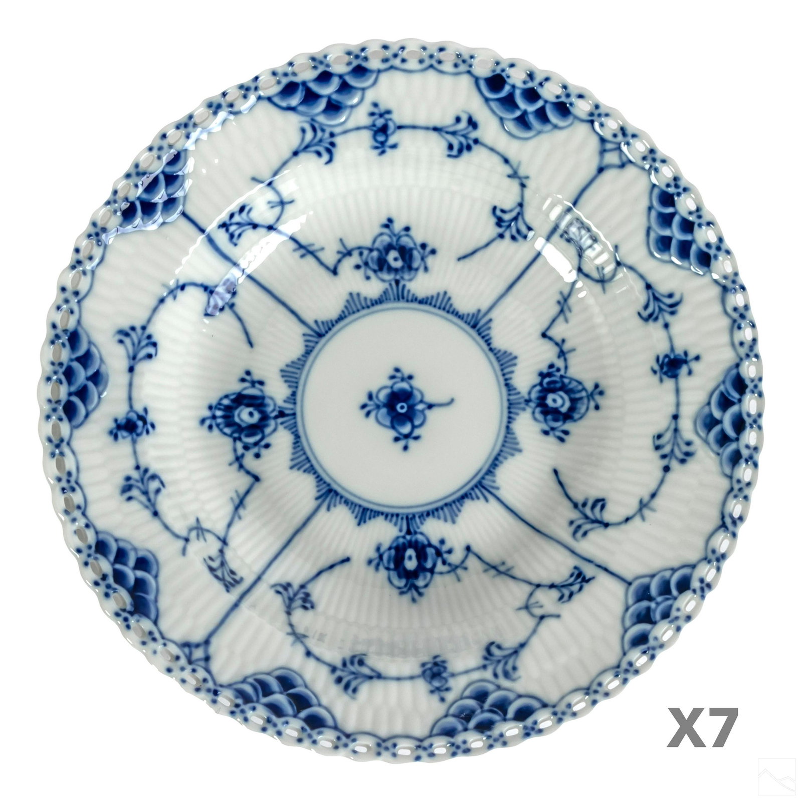 Royal Copenhagen Blue Fluted Full Lace Bowls SET: Set of seven Royal Copenhagen Blue Fluted Full Lace soup bowl #1170. Measuring 7 3/4". Two bowls are marked as factory first. Five are marked as factory seconds. SHIPPING Hill Auction Gallery will off