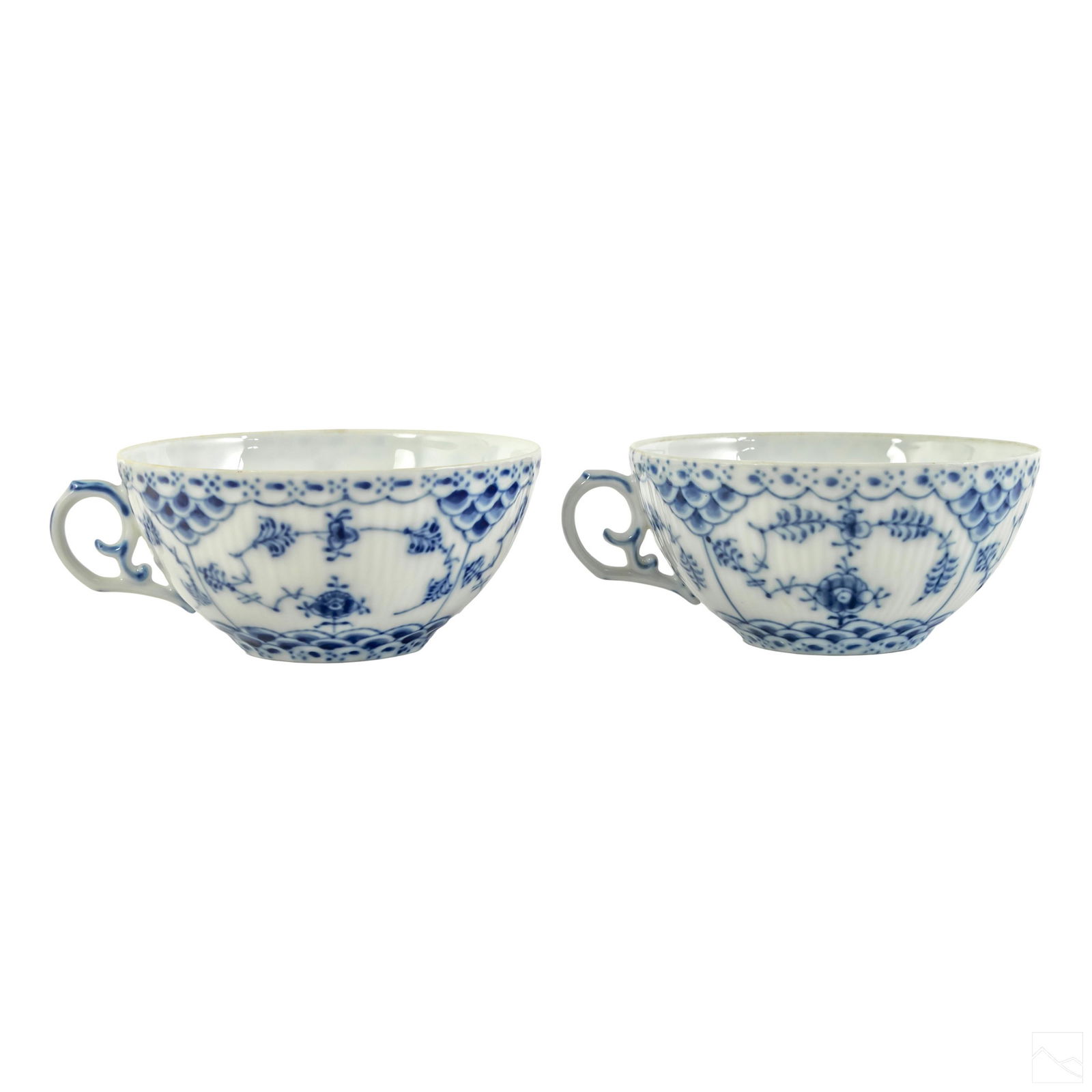 Royal Copenhagen Blue Fluted Full Lace Coffee Cups: Two Royal Copenhagen Blue Fluted Full Lace flat coffee or tea cups, #1130, factory first. Measures 4". SHIPPINGHill Auction Gallery will offer in-house continental USA shipping for $35 plus insurance.