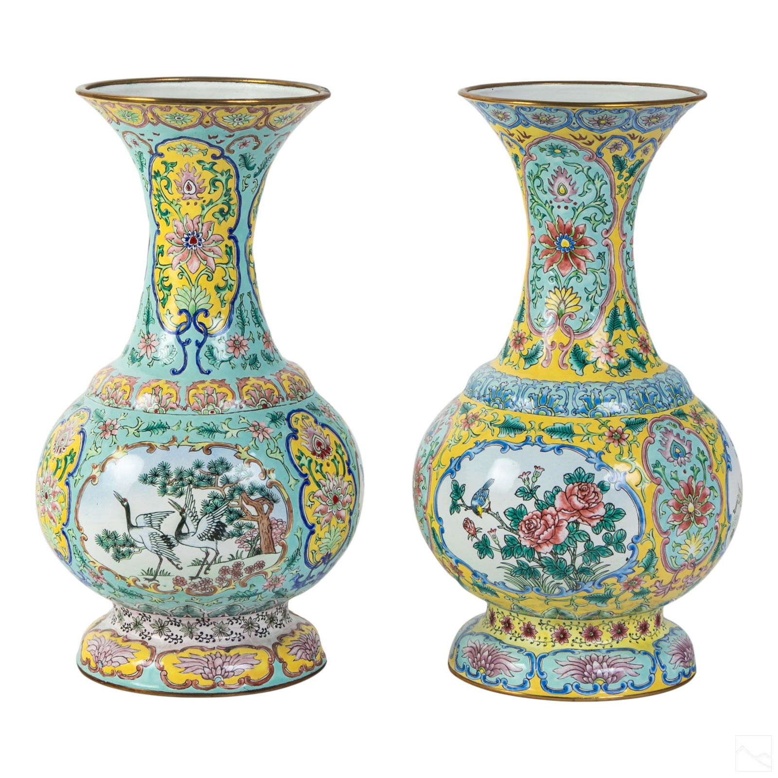 Chinese Yellow Enamel Metal Landscape Floral Vases (1 of 5)