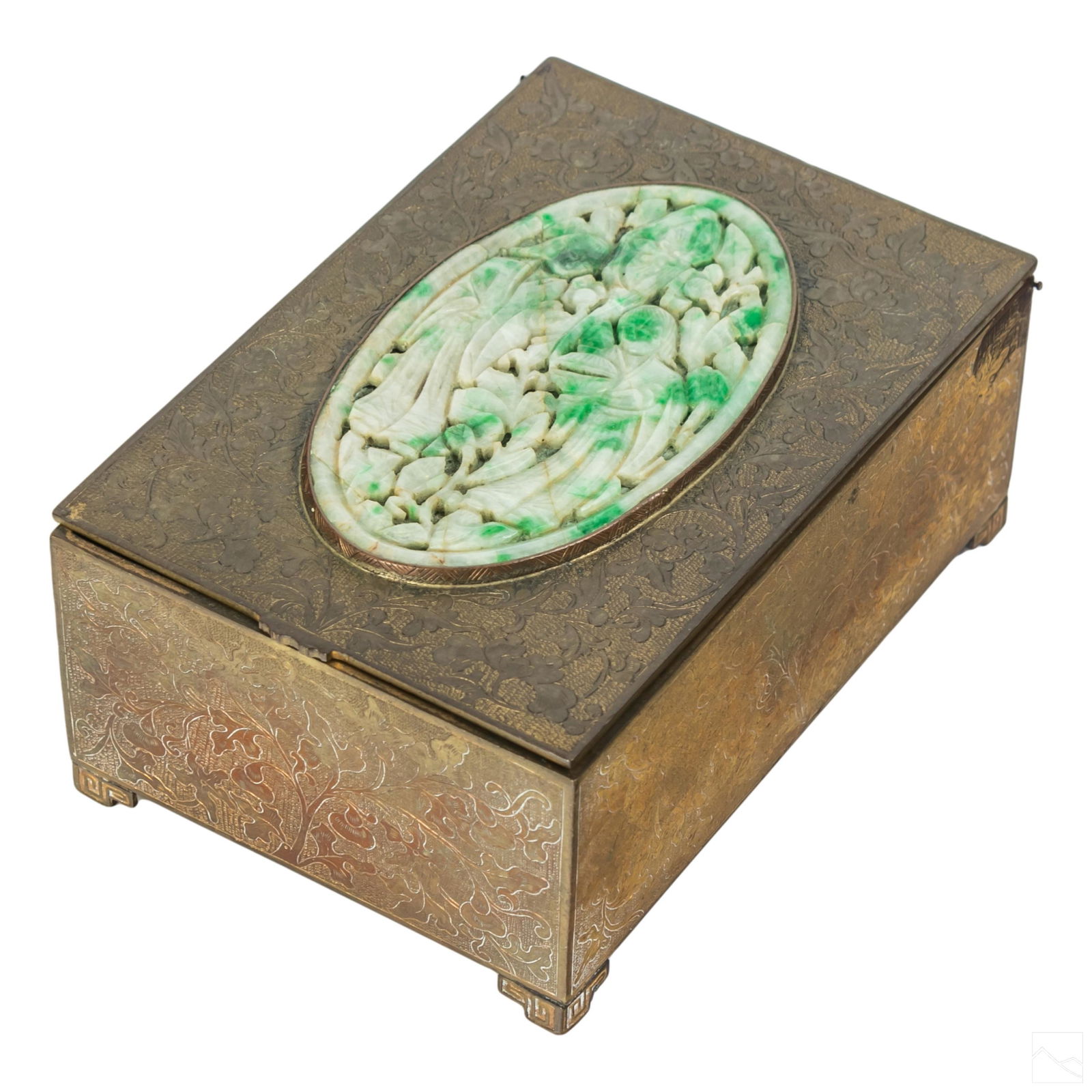 Chinese Jade & Brass Hinged Etch Leaf Trinket Box (1 of 7)