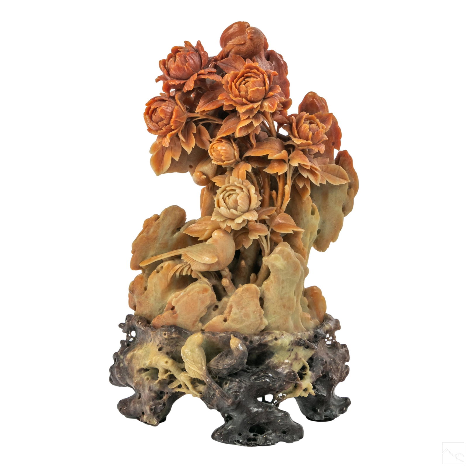 Chinese Carved Soapstone Birds and Peony Sculpture: Chinese soapstone sculpture with birds and peony flowers. Features tones of rust, beige, light green top piece, mounted to bottom piece, that features tones of dark brown. Exquisite detail and craftsm