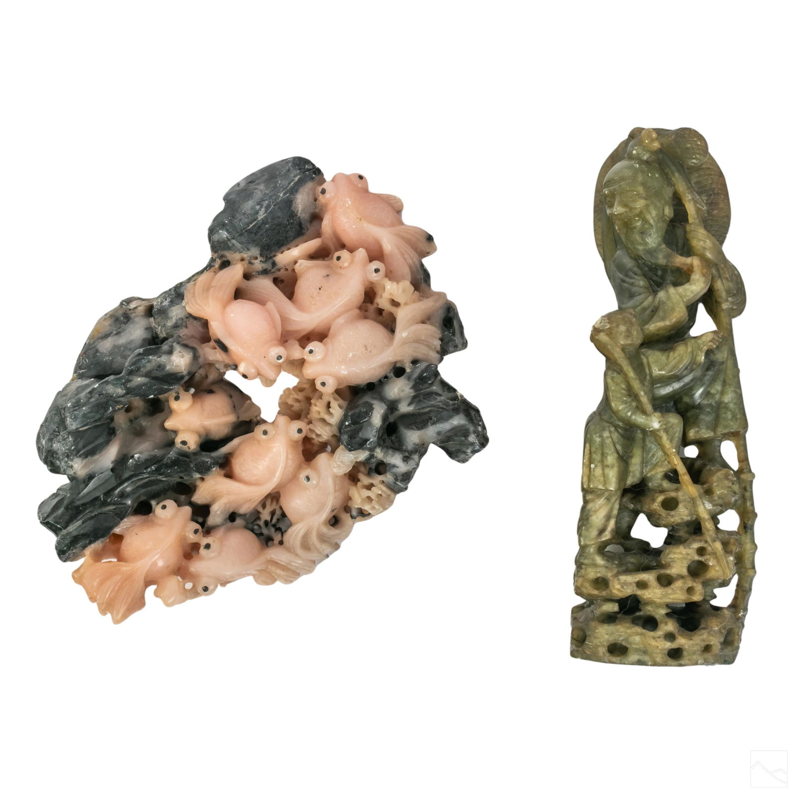 Chinese Carved Soapstone Man & Koi Fish Sculptures (1 of 8)