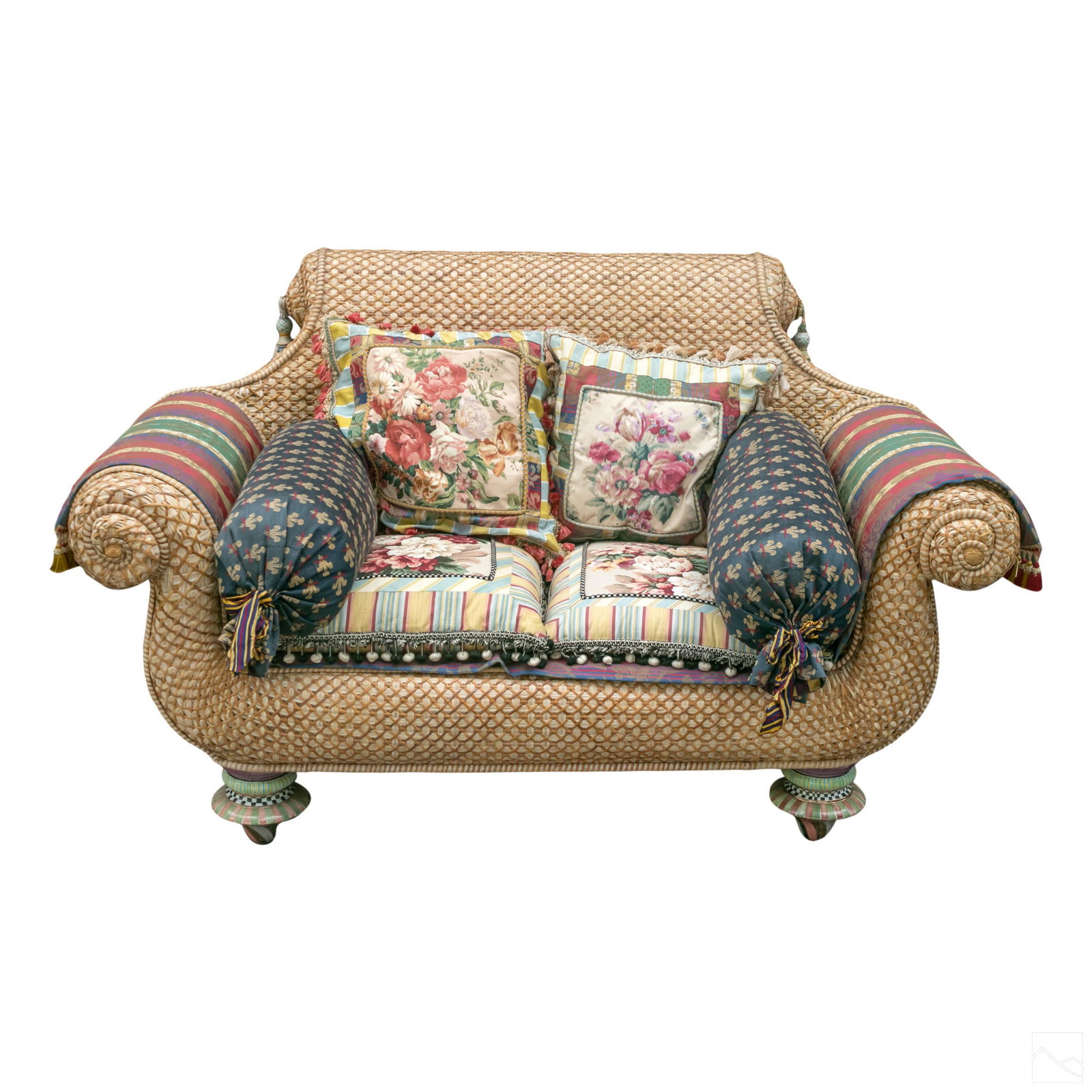 Mackenzie Childs Designer Wicker Settee w/ Pillows (1 of 6)