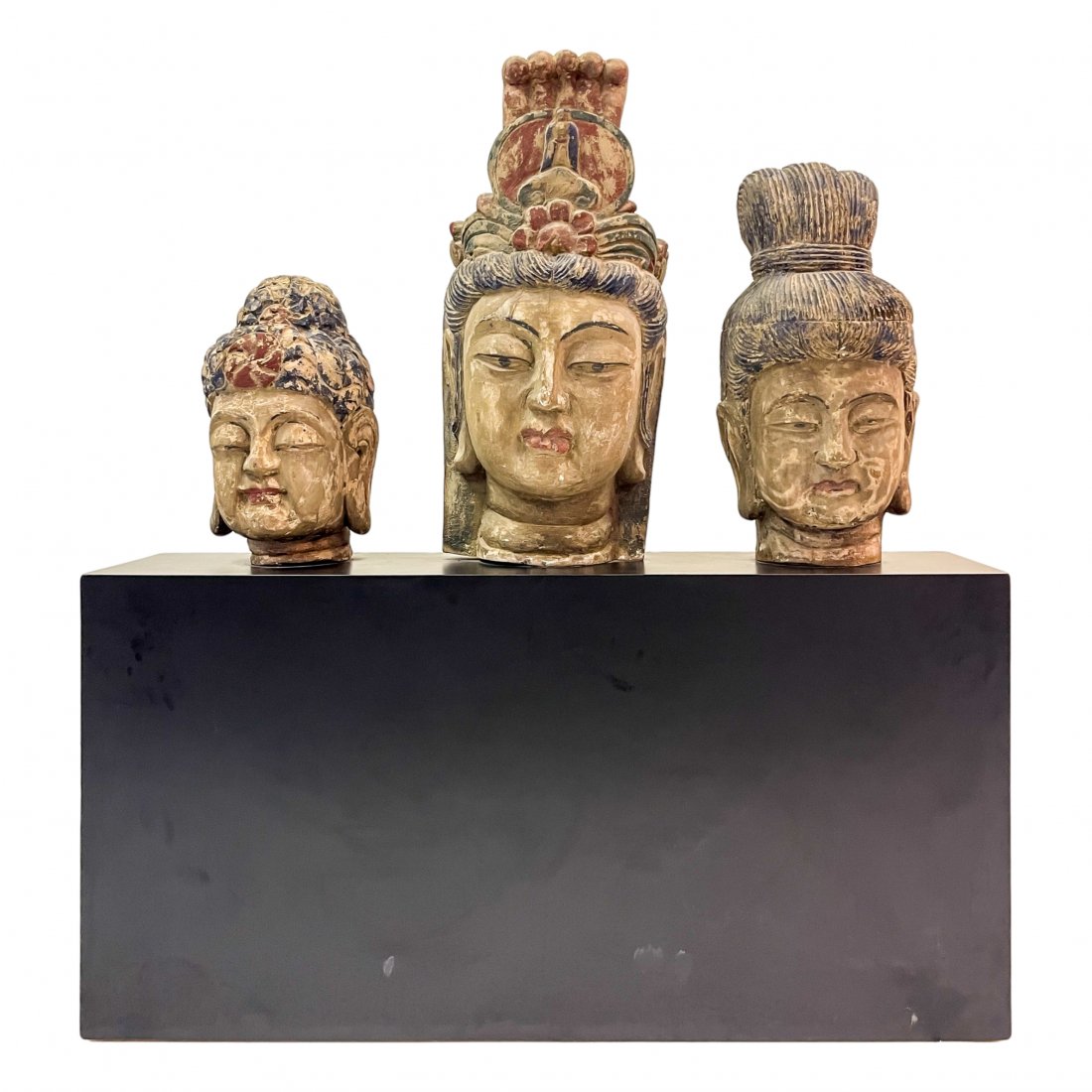 Asian Wooden Buddha Goodness Trio Head Bust w Base (1 of 9)