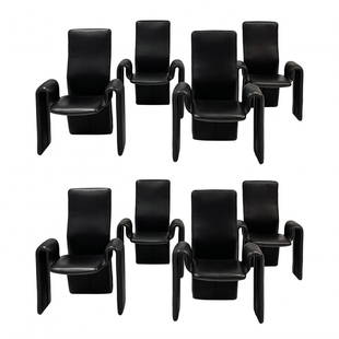 Steve Leonard Modern Leather Dinning Armchair SET: 20th Century Modern collection of eight black leather dinning room chairs designed by Steve Leonard for Brayton International Collection. Modernist chair featuring a sinuous design with turned arms, h