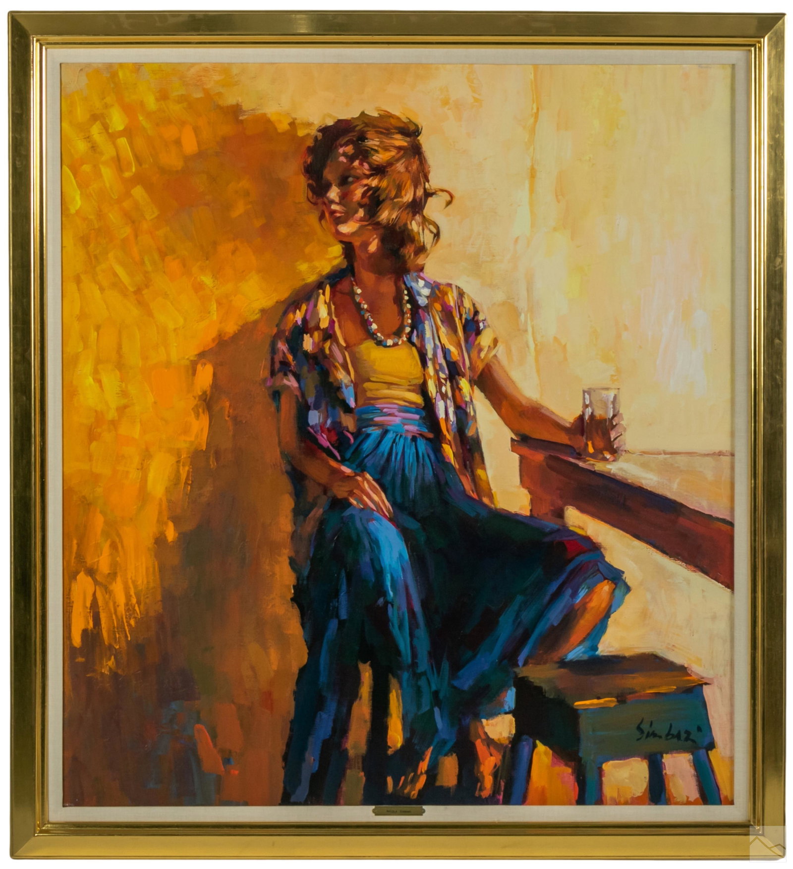 Nicola Simbari 1927-2012 Figural Portrait Painting: Nicola Simbari (Italian, 1927-2012). Original gallery sized oil painting on canvas. A modern figural art portrait, with a seated young woman holding a drink. Artist signed SIMBARI lower right, and nam