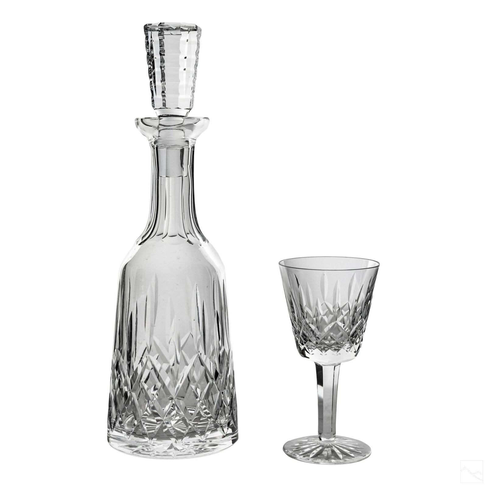Waterford Crystal Lismore Decanter & Wine Glasses: Fine Waterford Irish crystal. Includes (1) 13" x 4" Waterford Lismore decanter, and (4) 6" x 3" Waterford Lismore claret wine glasses. Lismore pattern, with diamond and wedge cut crystal. Glasses hold