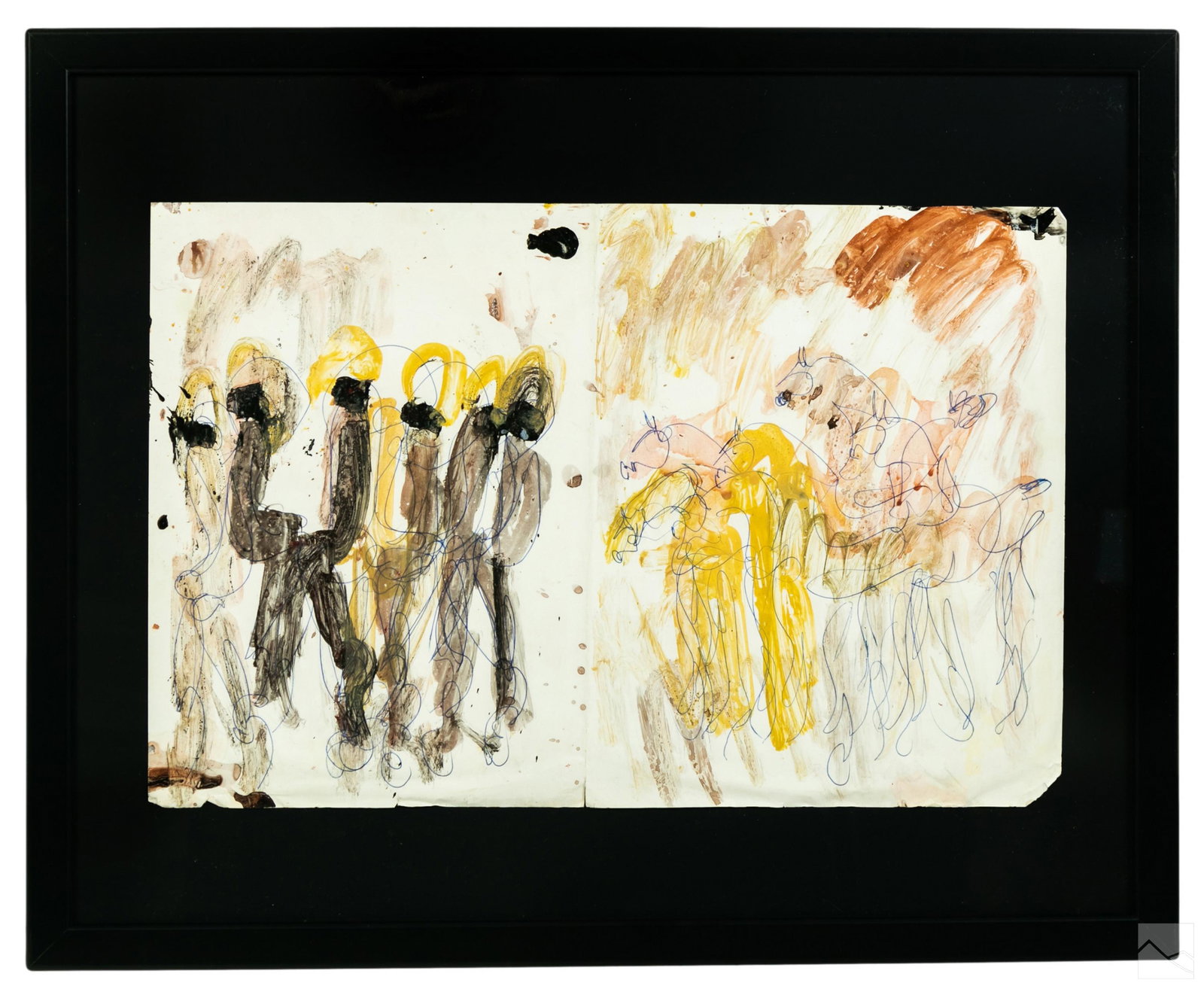 Purvis Young 1943-2010 Outsider Found Art Painting: Purvis Young (American, 1943-2010). Urban Miami Outsider Folk Art, mixed media ink and paint on glossy paper. Figural group with horses and other figures. No apparent signature. Retains original Joy M