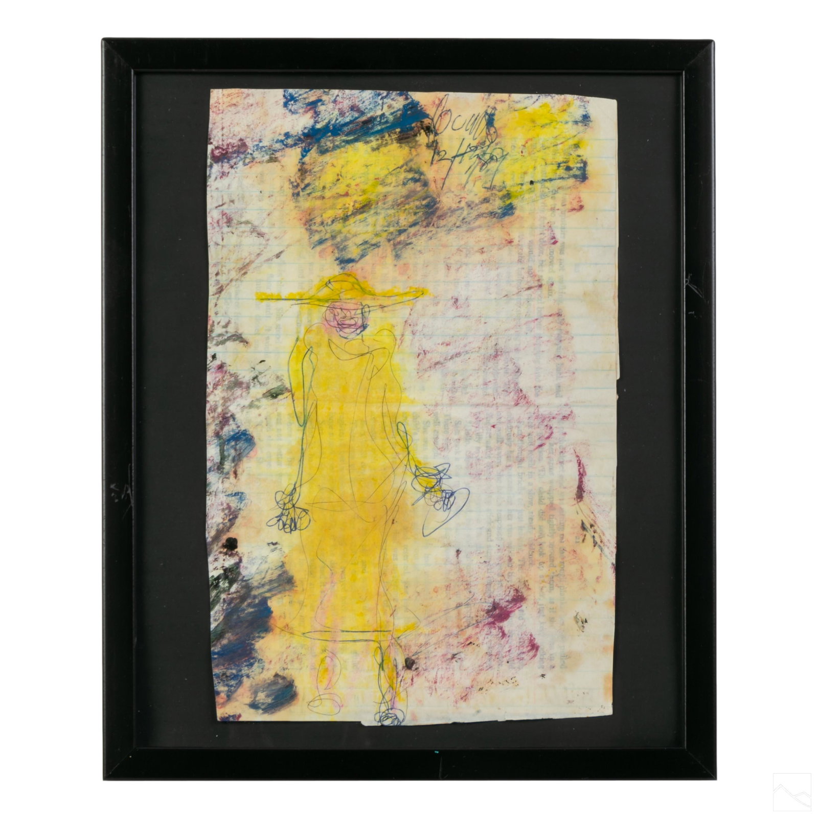 Purvis Young 1943-2010 Outsider Found Art Painting: Purvis Young (American, 1943-2010). Urban Miami Outsider Folk Art, mixed media painting, acrylic and ink on found paper. Depicts figure in yellow dress and hat. Signed and dated to upper right. Retain