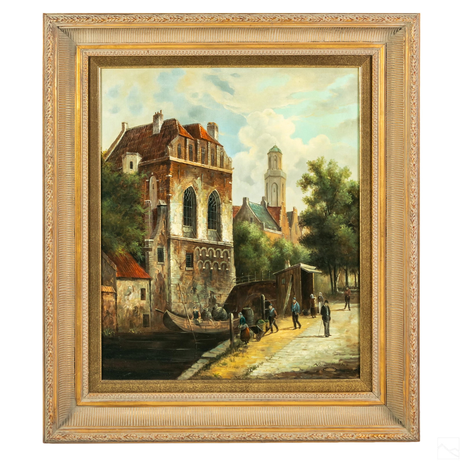 Neil Boren 20C. European Street Scene Oil Painting: Neil Boren (Last quarter 20th Century). Original oil painting on canvas. Finely detailed impressionist landscape depicting a European village street scene with figures, stone structures, a canal and a