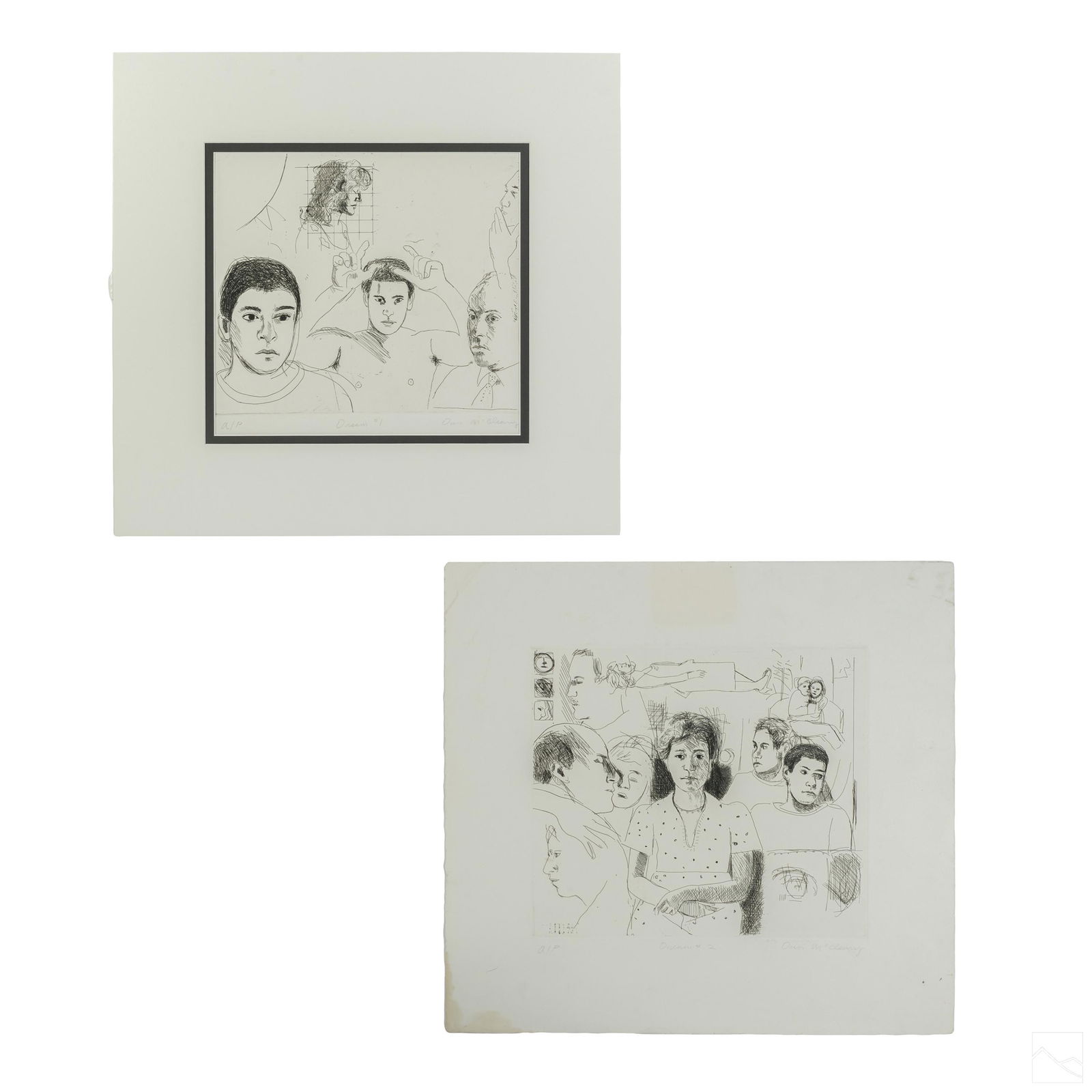 Dan McCleary b.1952 Signed Modern Figural Etchings: Dan McCleary (American, born 1952). Set of two signed Artist Proof etchings. Titled "Dream I," and "Dream II," both signed in pencil with AP. One etching mounted to a stock matte. Unframed. Retains or