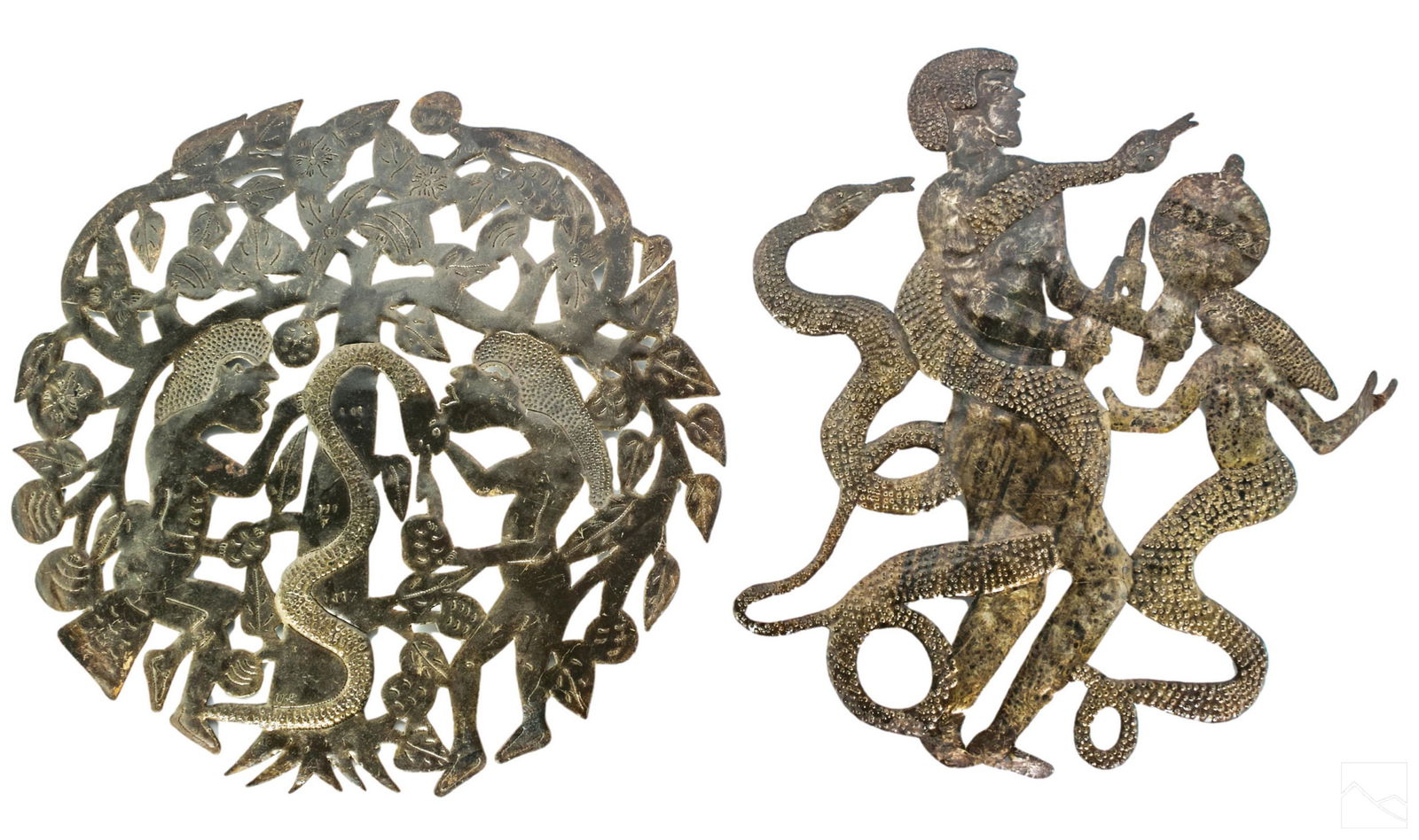 Haitian Folk Art Signed Recycled Metal Sculptures: (Haitian, 20th Century). Two original three dimensional recycled oil drum sculptures. Reclaimed sheet metal figural compositions. One with a central allegorical Biblical theme of Adam and Eve with the