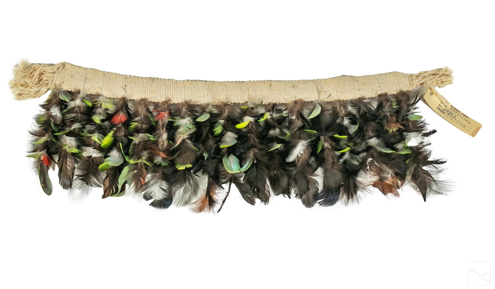 Brazilian Indian Guajajara Maranhao Tribal Skirt: A traditional Brazilian Indian Guajajara Tribe feather skirt, produced in Maranhao, Brazil, a UNESCO World Heritage Site region. Mixed media with South American parrot bird feathers. Museum Inventory 