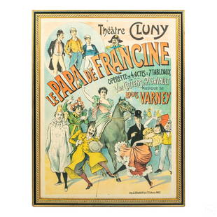 French Theater Cluny Poster after Alfred Choubrac: Alfred Choubrac (French, 1853-1902) 'Le Papa De Francine Theatre Cluny' Poster 1896, unsigned, printer's mark lower right 'Imp. E. Delanchy. 51. F3. St. Denis Paris', depicting an Operetta, with clown