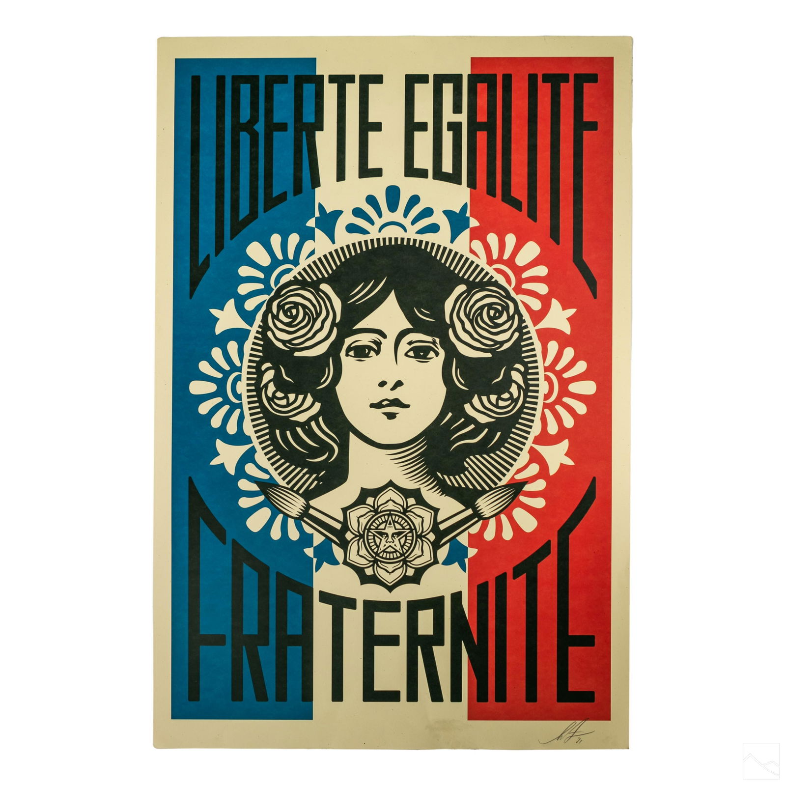 Shepard Fairey (b.1970) Signed Liberte Lithograph: Shepard Fairey (American, born 1970). "Liberte Egalite Fraternite" serigraph. In a palette including off white, blue and red, with a woman's face and flowers in her hair. Pencil singed and dated lower