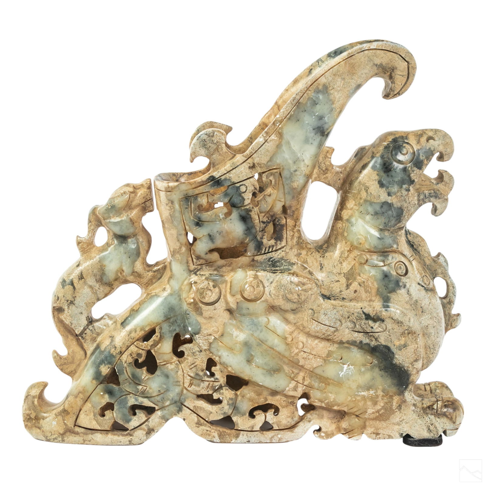 Chinese Carved Jade Stone Figural Wine Ewer Server: Chinese carved brown jadestone ritual wine drinking server. Depicting beast creature, with center vessel portion and pouring spout over the head. Handle in the form of Foo dog lion. SHIPPINGHill Aucti