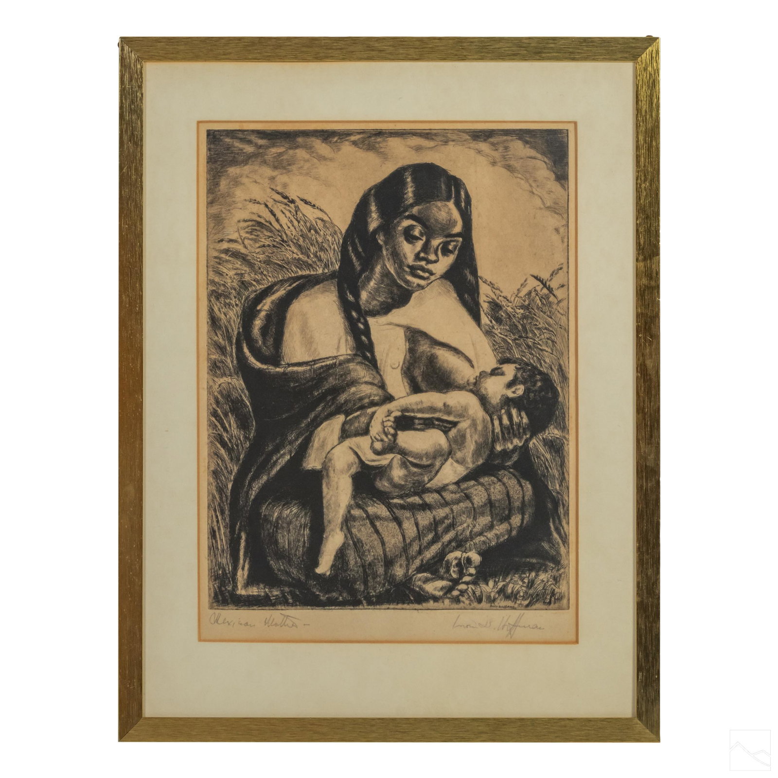 Irwin D Hoffman (1901-1989) Mexican Mother Etching: Irwin D. Hoffman (American, 1901-1989). Signed etching on paper. Depicting a Spanish woman with long braided hair, breastfeeding infant child. Pencil signed lower right, with title, "Mexican Mother" l