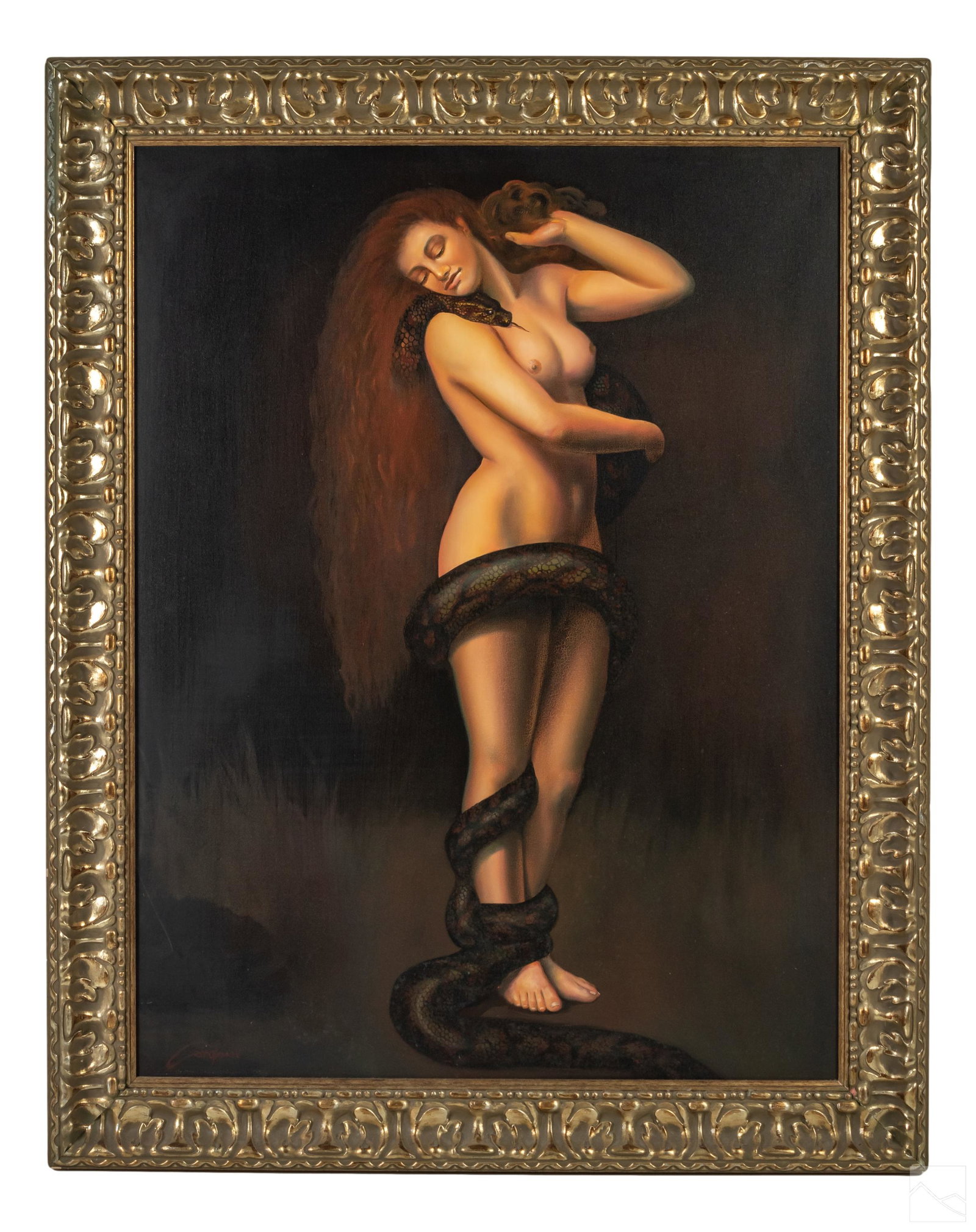Gardani 20C. Nude Lilith & Snake Figural Painting: Gardani (Ecuadorian American, 20th Century). Original acrylic painting on canvas. A nude female subject with snake wrapped around her. After the 1887 painting "Lilith" by John Maler Collier. Signed lo