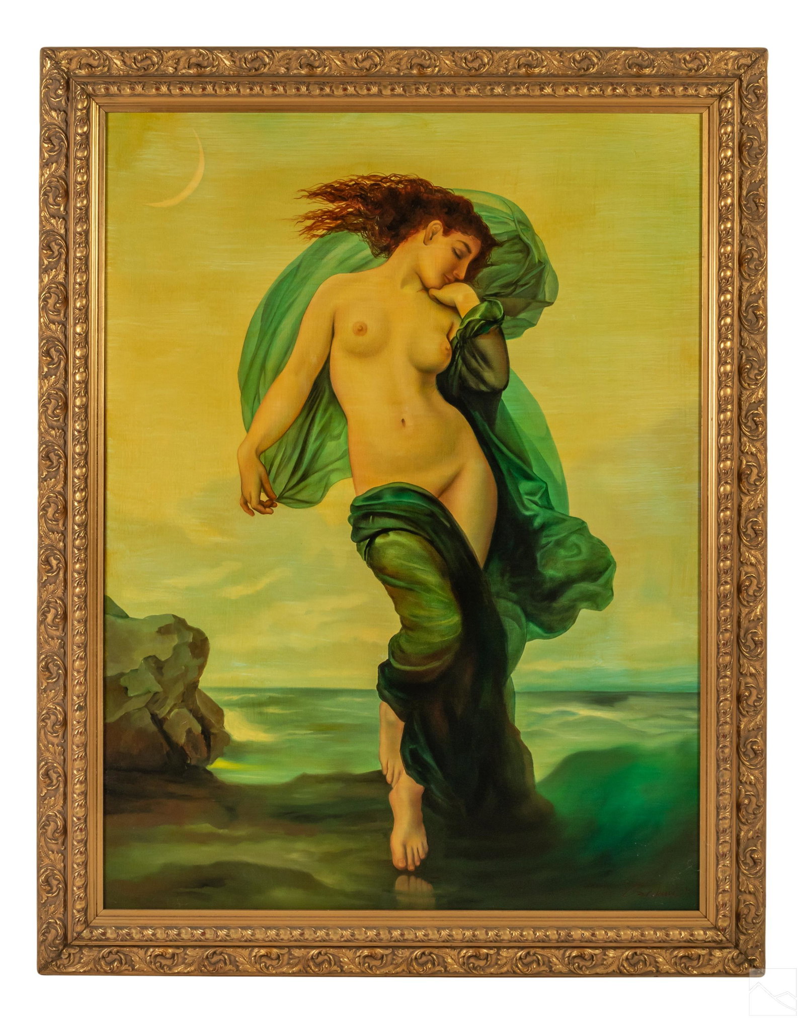 Gardani 20C Neoclassical Style Nude Venus Painting: Gardani (Ecuadorian American, 20th Century). Original acrylic painting on canvas. A Neoclassical style nude subject wrapped in sheet, with a seascape background. Signed lower right dated 1998. Having 