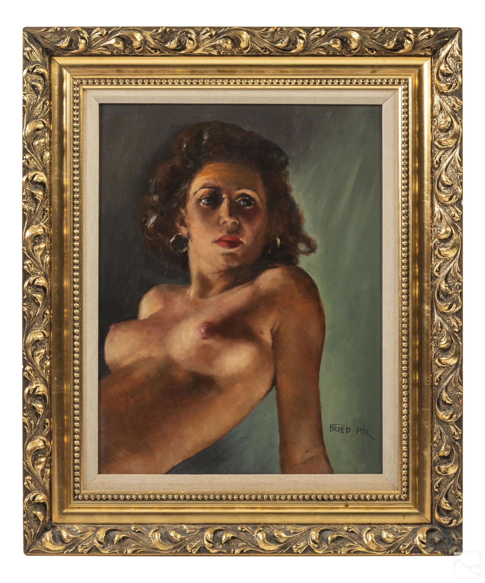 Pal Fried 1893-1976 Nude Figural Portrait Painting: Pal Fried (Hungarian American 1893-1976). Original oil painting on canvas. An erotic figural nude, with a subject who evokes a 1950s Hollywood movie starlet. Artist signed lower right. Featured in a v