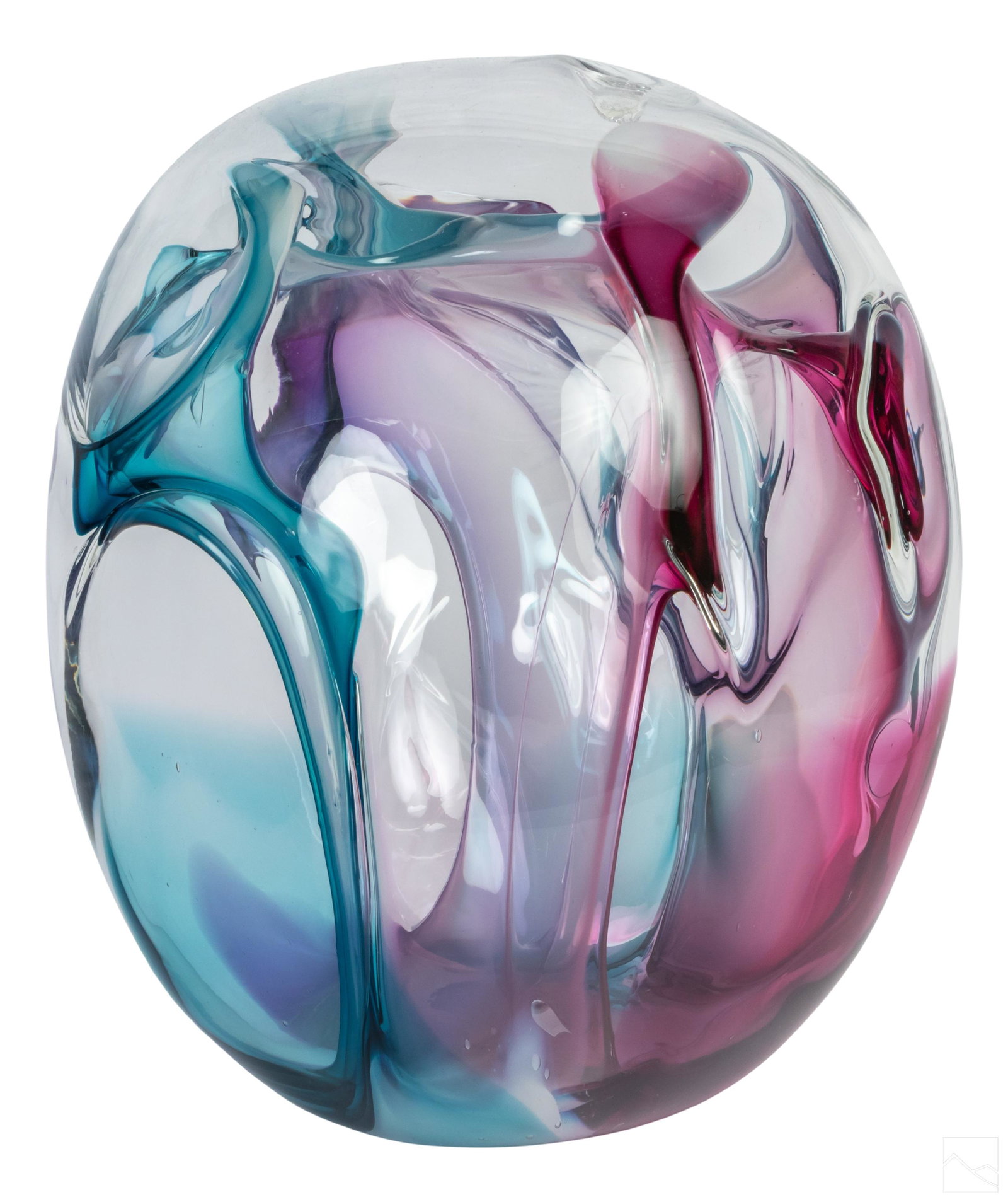 Peter Bramhall (b.1942) Modern Art Glass Sculpture: Peter Bramhall (also Paedra Bramhall) (American, born 1942). Hand blown studio art glass sculpture. A striking clear art glass sphere with interior stem forms in blue and lavender. Etch signed and dat