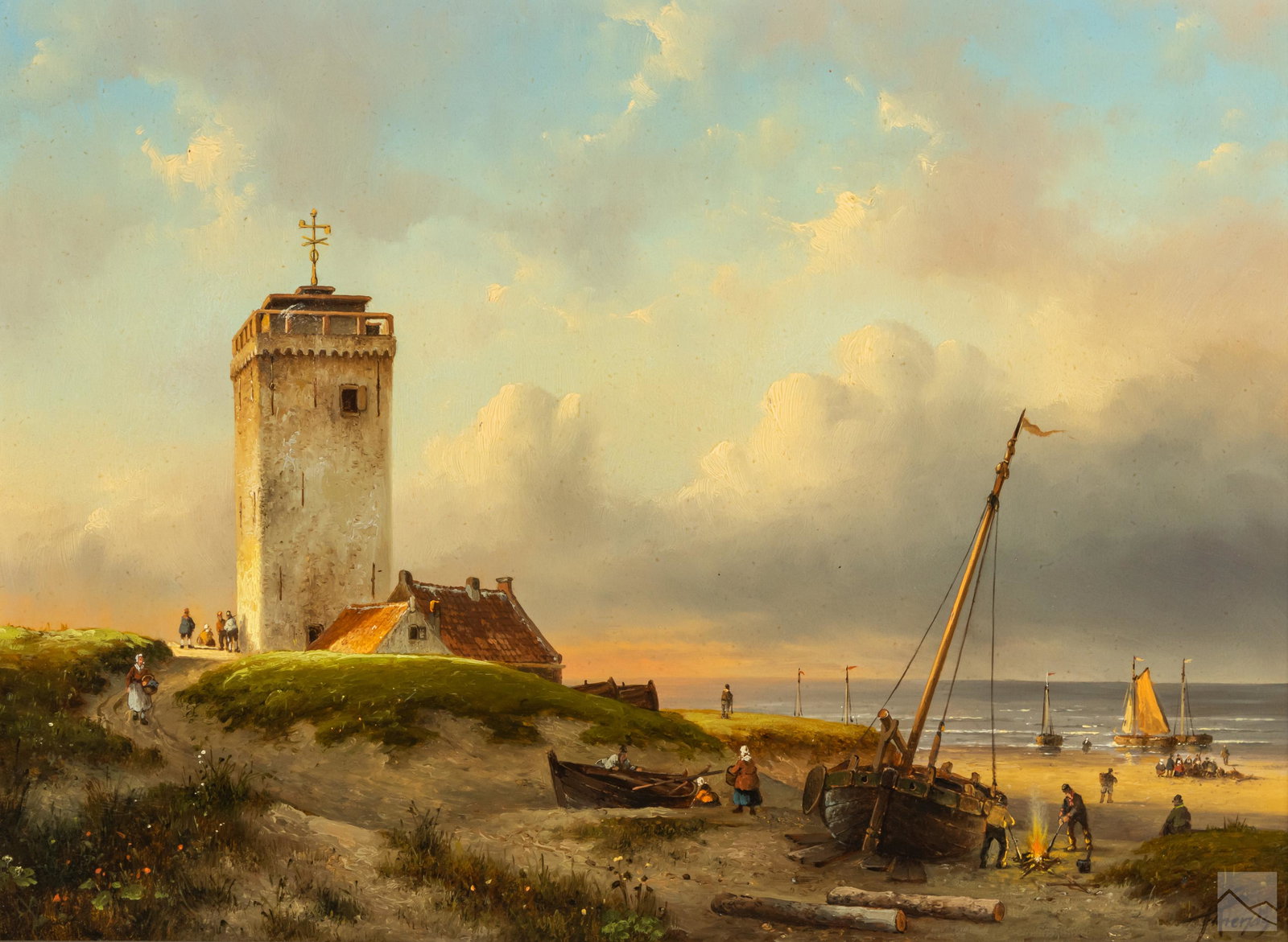 Fred Arends (b.1949) Figural Seascape Oil Painting: Fred Arends (Dutch, born 1949). Original oil painting on board. A luminous beach landscape with architectural elements including a tower, sail boats and figures with a bonfire. Artist signature lower 