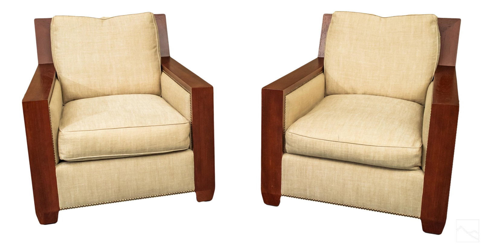 Sutherland Collection Pair Linen & Wood Arm Chairs (1 of 5)