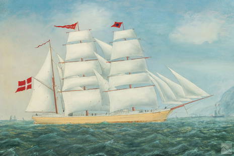 Danish Antique Sailing Ship Seascape Oil Painting: Mystery Artist (20th century). Original oil on board painting. Features a seascape scene of a sailboat flying Danish colors. Unsigned. Presented in a wooden frame. Work Size: 18 x 23.5 in.SHIPPINGHill