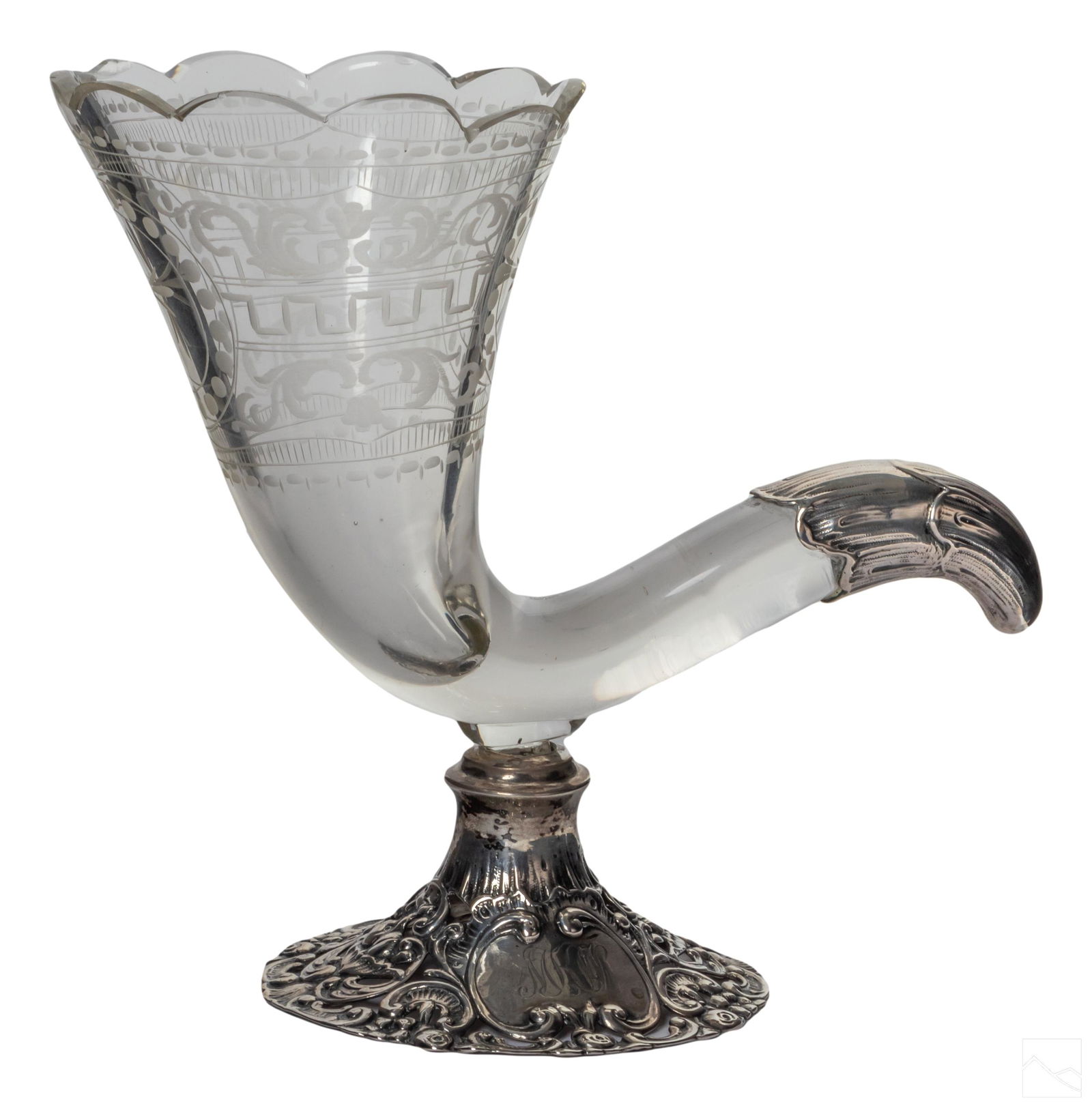 19C German Silver & Etched Crystal Cornucopia Vase (1 of 4)