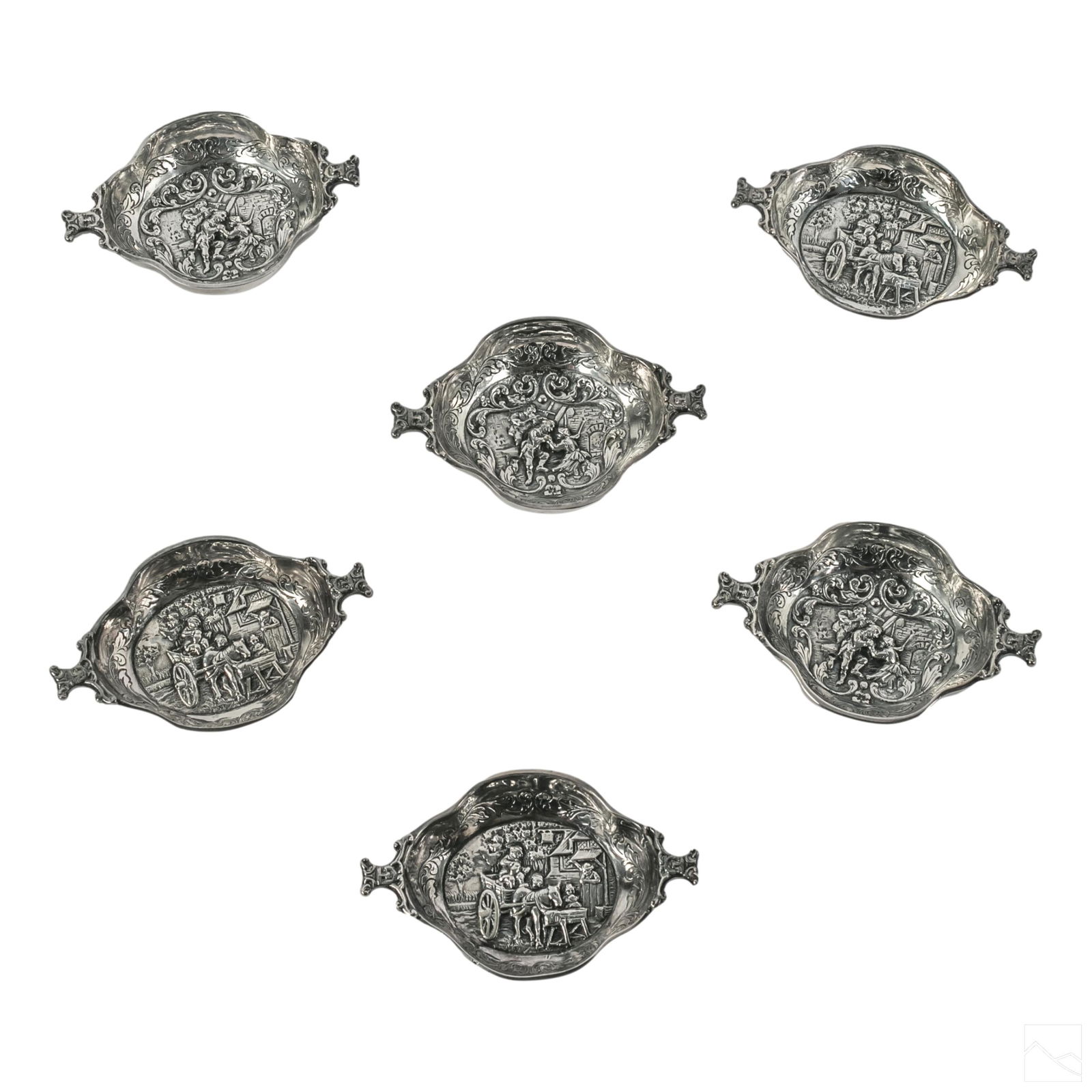 Gerofabriek German Art Deco Silver Plated Dish SET: Set of six early Art Deco, circa 1920s, German silver plated Gerofabriek nut dishes. Featuring figural relief motif and dual jester face handles. Makers mark on bottoms. SHIPPINGHill Auction Gallery w
