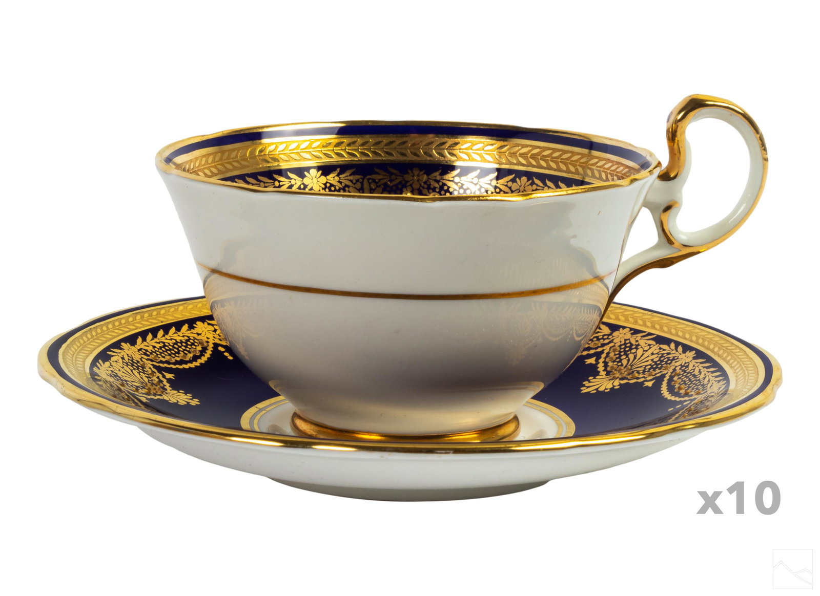 Aynsley English Bone China Cups & Saucers 20pc SET: 20 piece cups and saucer set by Aynsley. Crafted of fine quality English fine bone china porcelain."7321" pattern features cobalt blue bands with rich gold encrusted laurel trim and gilt enamel beadin