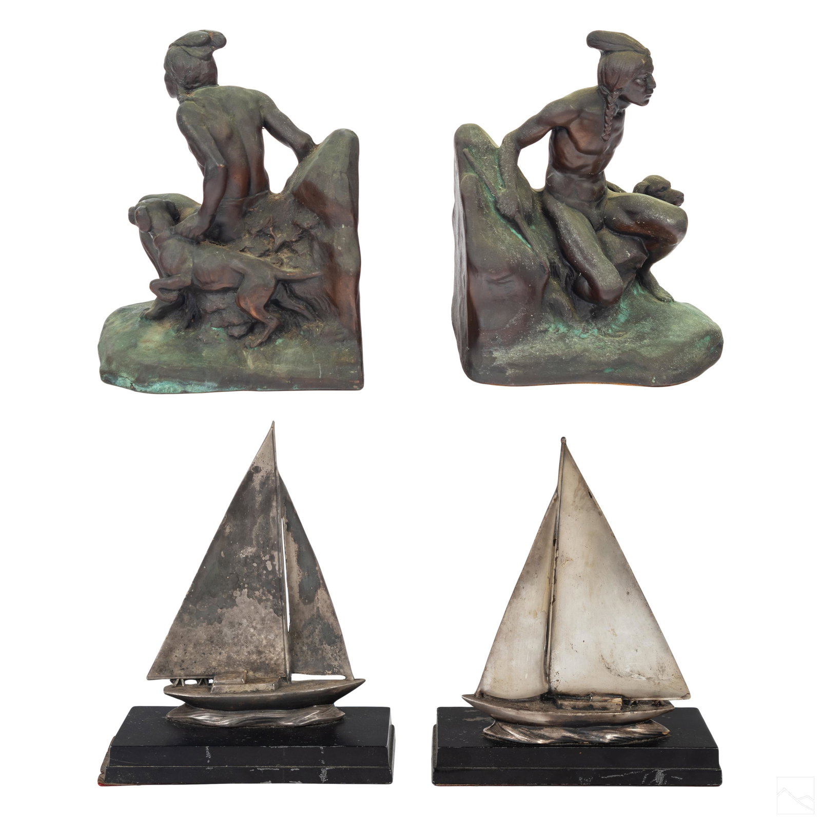 Silvered Sailboat & Native Indian Bronzed Bookends (1 of 8)
