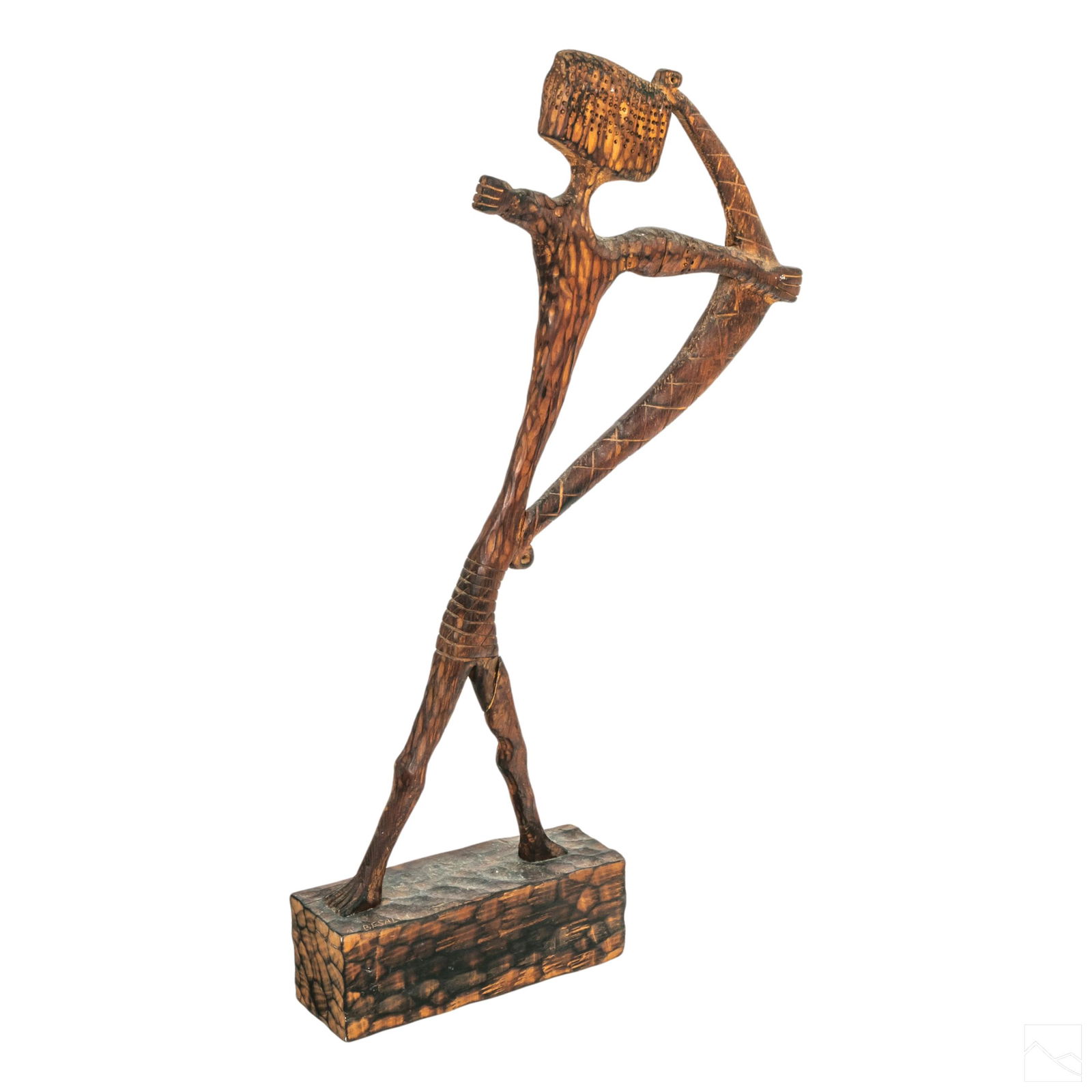 Aharon Bezalel (1926-2012) Wood Judaica Sculpture: Aharon Bezalel (Israeli, 1926-2012). Hand carved wood sculpture. A primitive figural man shooting a bow and arrow, possibly the Biblical "mighty hunter" Nimrod. Signed A. BEZALEL to bottom left and da