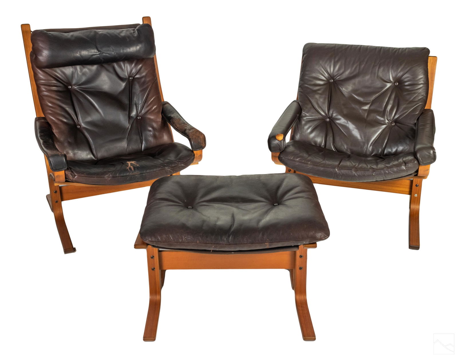 Ingmar Relling MCM Modern Siesta Chairs & Ottoman: Ingmar Relling (Norwegian, 1920-2002). Mid Century Modern Scandinavian chairs and ottoman. Hand crafted modernist Scan design, with brown Italian leather upholstery. Includes (1) Siesta 25th Jubilee A