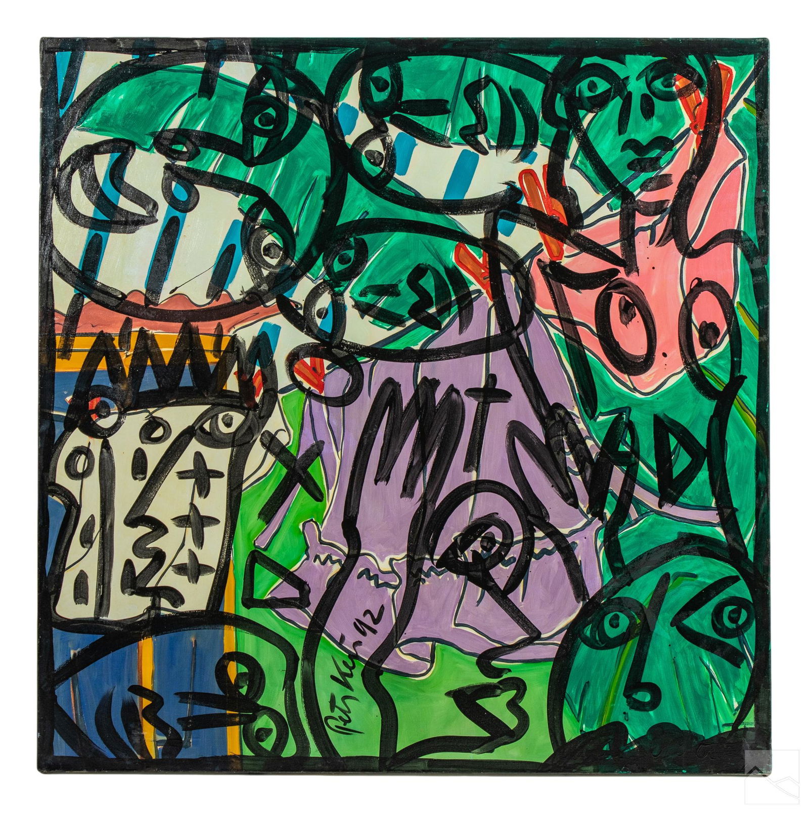 Peter Keil (b.1942) Neo Expressionism Oil Painting: Peter Robert Keil (German American, born 1942). Original Neo Expressionist oil painting on canvas. An abstract figural landscape of Haulover nude beach, Miami. Signed with illegible date to bottom cen