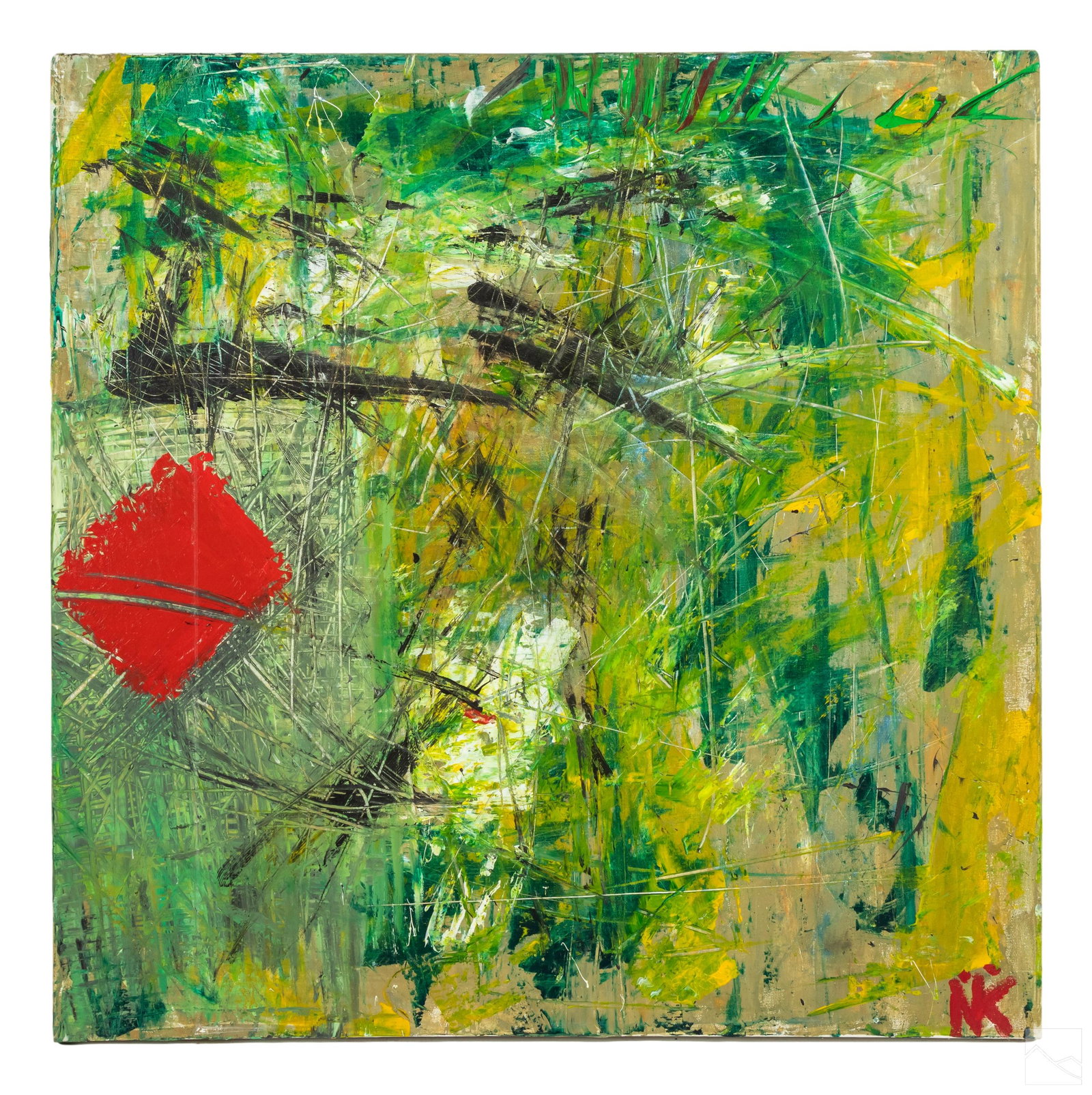 Nikki NK (b.1972) Modernist Abstract Oil Painting: Nikki (NK) (Scottish American, born 1972). Original abstract oil painting on canvas. Features a textured palette of green and yellow, with a square red contrast. Artist signature bottom right. Mounted