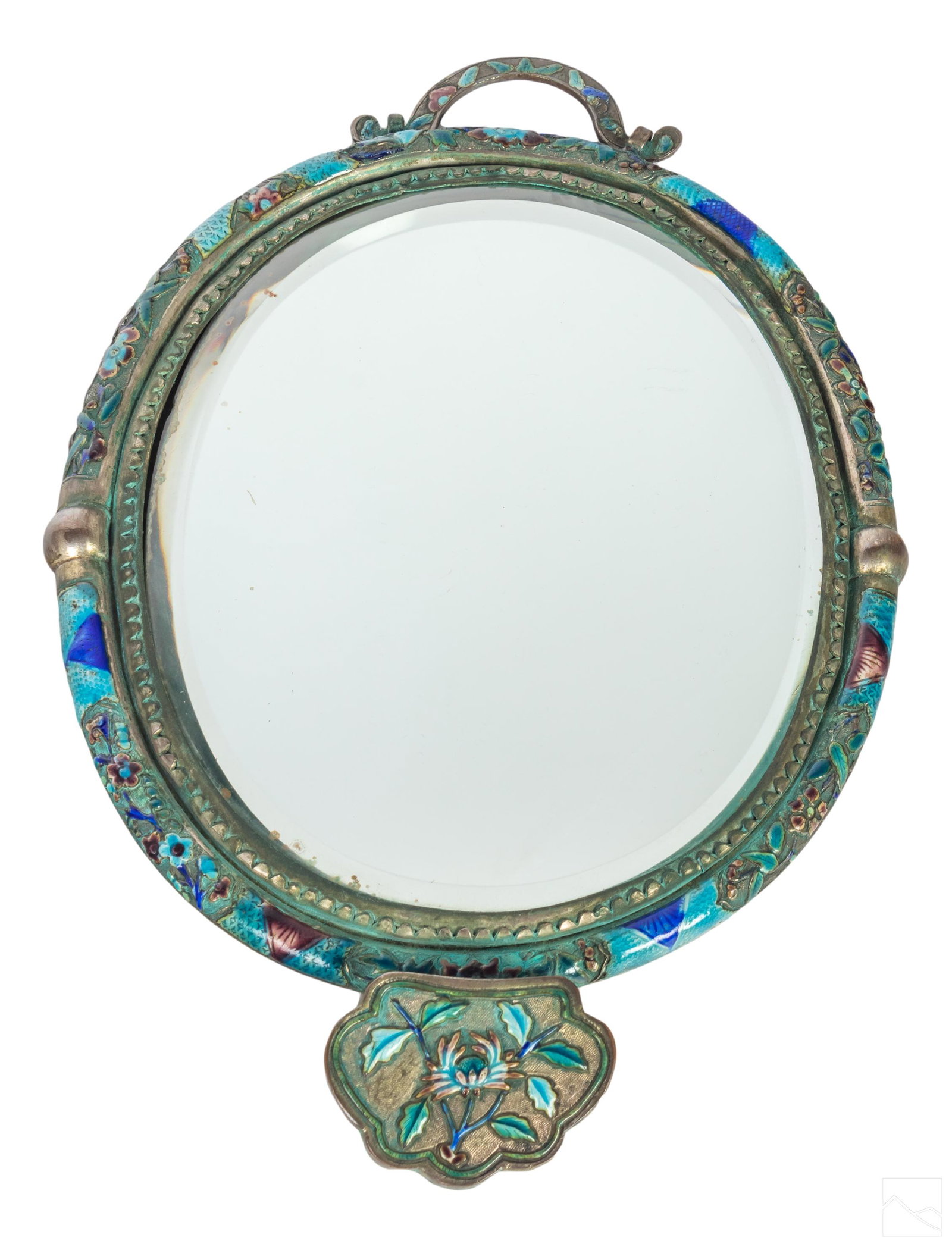Chinese Antique Silvered Enamel Floral Bird Mirror: Crafted of silvered metal. Features a lovely design accented with flora and bird details in enamel. There is a hinged handle to one end of mirror, and removable mounted enamel piece to other. SHIPPING