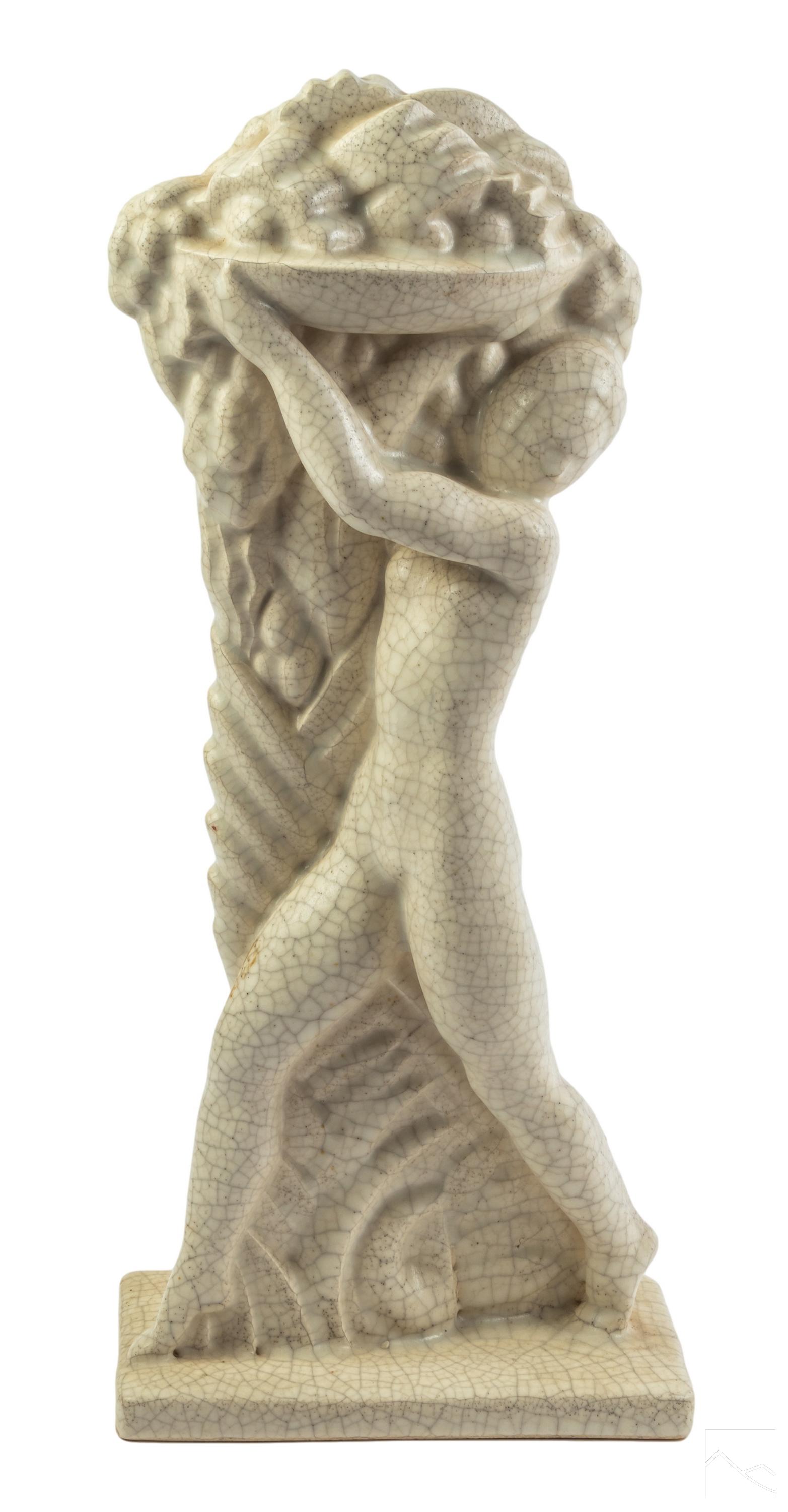 Atelier Primavera Art Deco Porcelain Sculpture: French art deco porcelain figural statue. Modeled as an abstract nude female figure bearing a large filled basket hoisted over her head. Impressed PRIMAVERA FRANCE backstamp to underside. Presented on