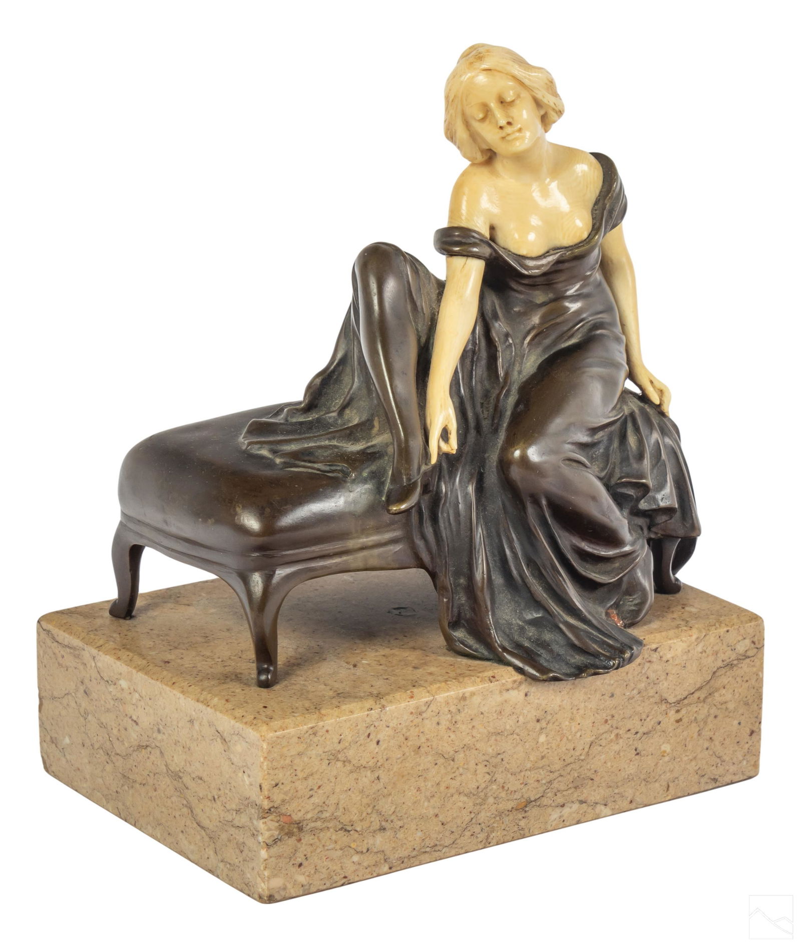 Bronze Art Nouveau Antique Figural Nude Sculpture: Mystery Artist (19th Century to 20th Century). Art Nouveau figural statue. A composition with a semi nude young woman seated dressing on a divan. Carved head, shoulders, bust, and arms. No apparent si