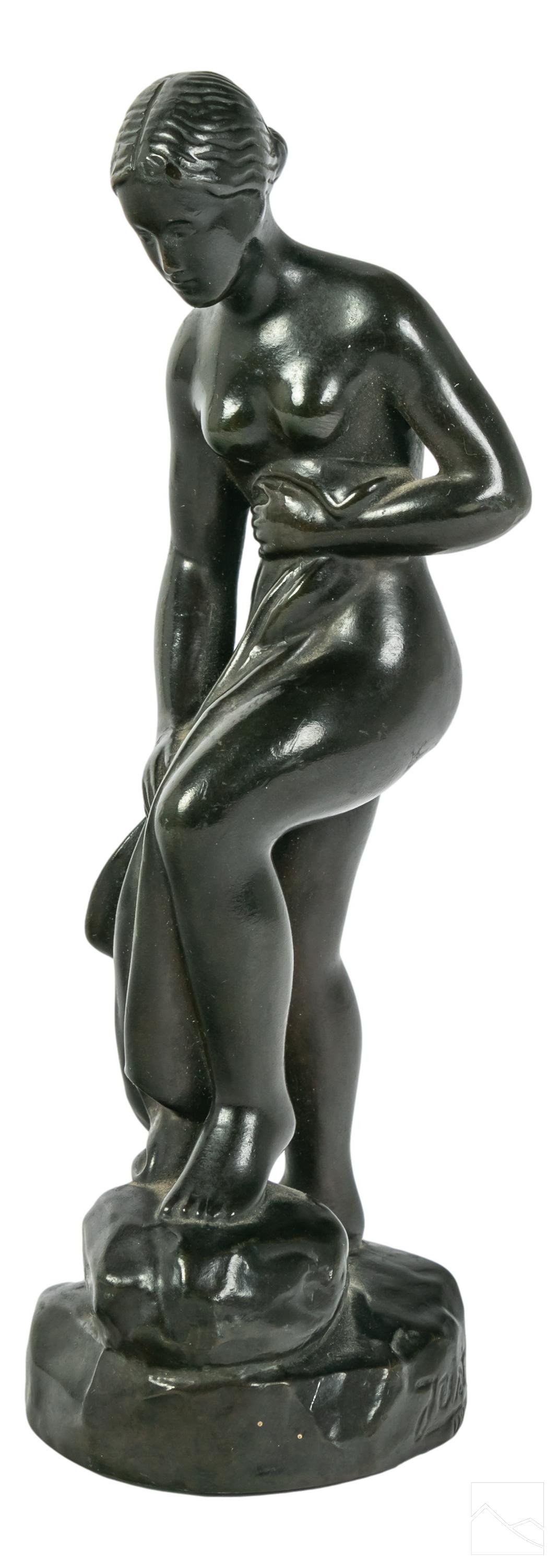 Just Andersen (1884-1943) Bronze Nude Venus Statue: Just Andersen (Danish, 1884-1943). Bronze sculpture depicting a nude bathing Venus. Signed on bottom rim, and numbered D2100 Denmark. SHIPPING Hill Auction Gallery will offer in-house continental USA