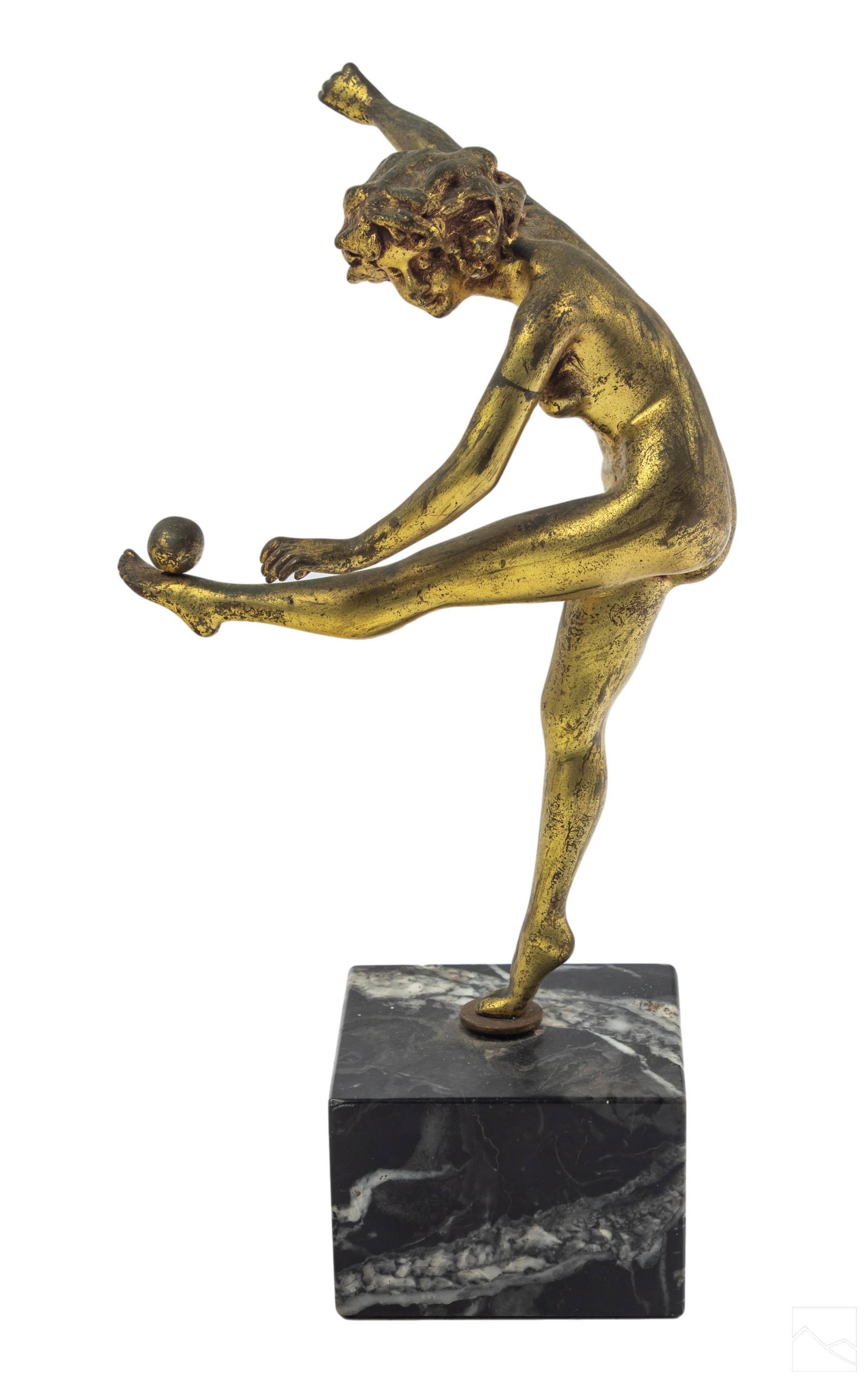Claire Colinet (1885-1950) Bronze Nude Deco Statue: Claire Jeanne Roberte Colinet (Belgian French, 1885-1950). Art Deco gilded bronze figurine sculpture. Titled, "The Juggler." A smiling nude dancer, balancing a small ball on her foot. Mounted on a rec