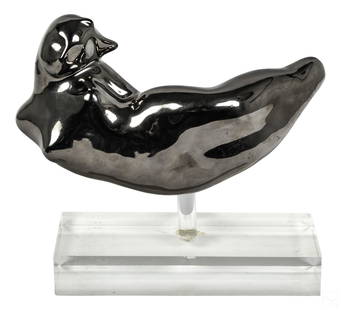 Aurora Canero b.1940 Modern Abstract Cat Sculpture: Aurora Canero Lopez (Spanish, born 1940). Limited Edition Modernist metallic sculpture. A figural work in chrome metal depicting an abstract figure with characteristics of feline and human forms. Sign