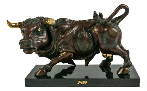 Frank Meisler (1925-2018) Bronze Bull Sculpture: Frank Meisler (Polish Israeli, 1925-2018). Handmade mixed metals bronze sculpture, depicting whimsically styled, virile bull with articulated head, rear legs, ears, and distinctive gold plated feature