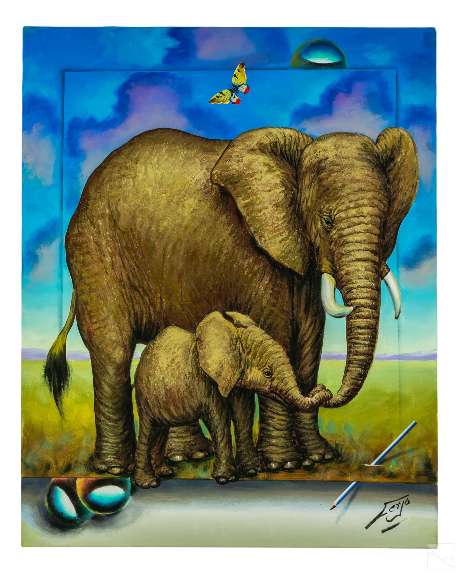 Fernando De Jesus Oliveira b1946 Elephant Painting: Fernando De Jesus Oliveira (Ferjo) (Brazilian, born 1946). Original oil painting on canvas. Titled "Hold Onto Love." Depicting a mother and baby elephant. Artist signature lower right. SHIPPING Hill A