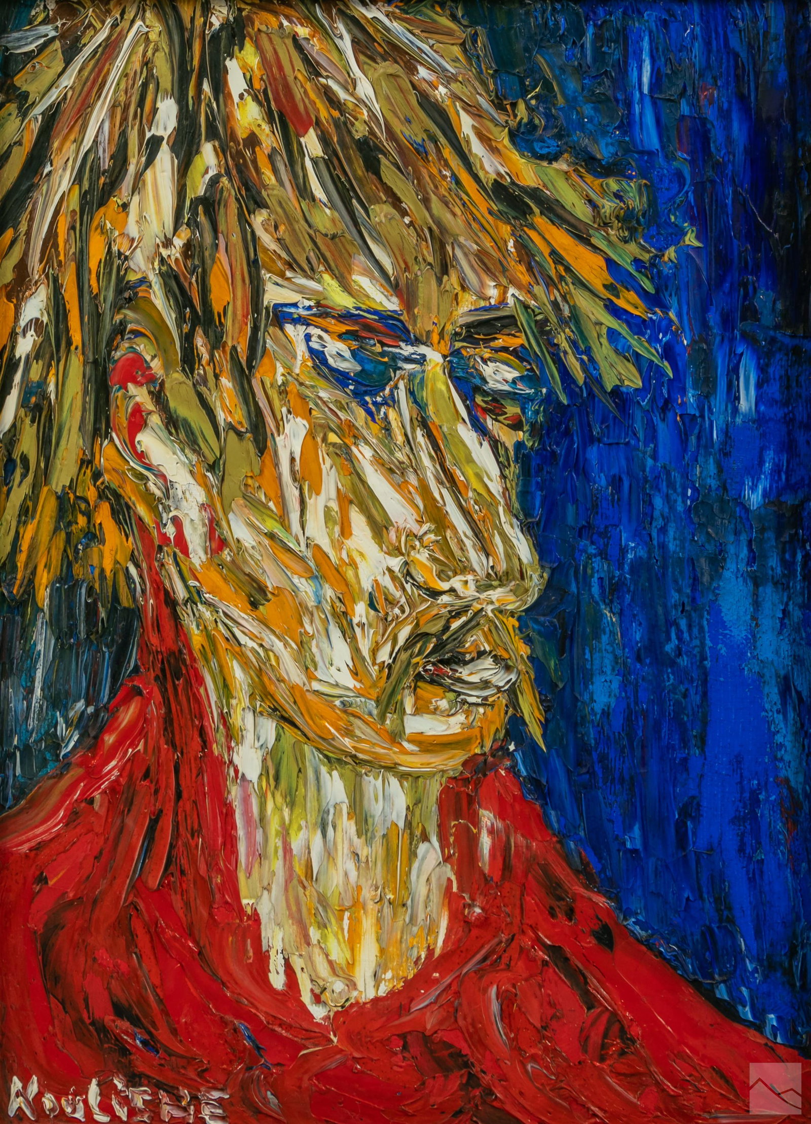 Michel Kouliche (1922-2010) Expressionism Painting: Michel Kouliche (French, 1922-2010). Original oil painting on canvas. Titled, "Maxim." An abstract portrait of a young man, painted 1969 in an Expressionist style with heavy impasto details. Artist si