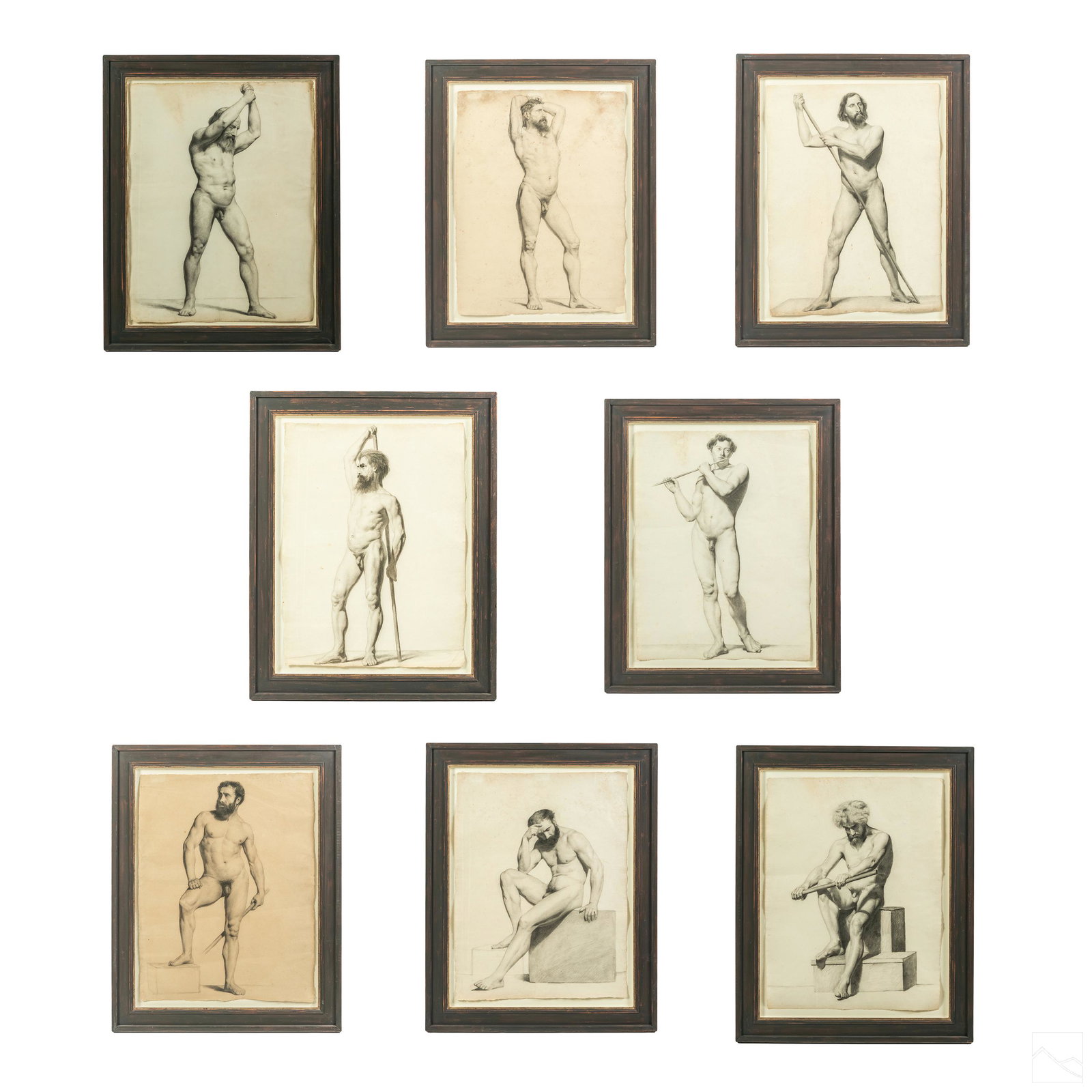 Anna D. Felix (1827-1863) Beaux Arts Nude Sketches: Anna Desiree Felix (French, 1827-1863). Original antique 19th Century hand drawn pencil sketches. A suite of eight compositions featuring nude male figures in various activities. The artist was a stud