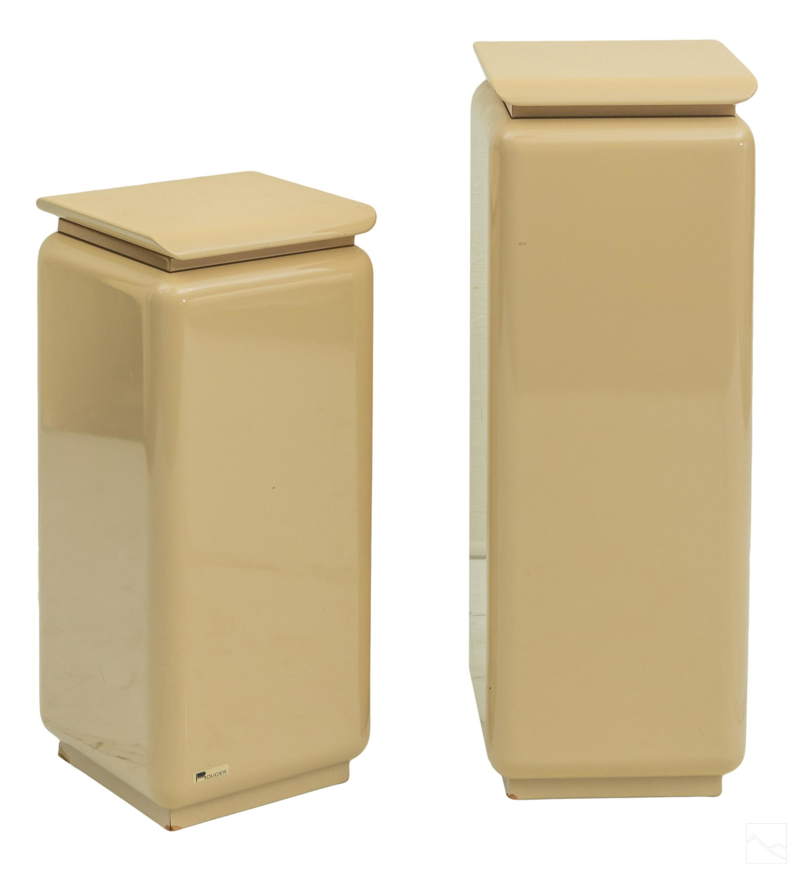 Roger Rougier Beige Lacquer Display Pedestals PAIR: Pair of late mid century Roger Rougier Hollywood Regency style statue display pedestals. Square design with beige lacquer finish. Rougier labels. Taller measures 35 1/2" x 13" x 13" and shorter measur