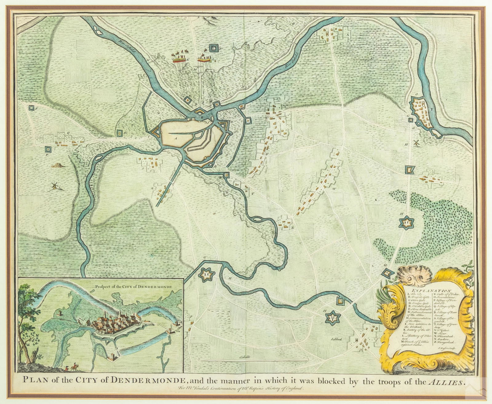 J. Basire (18C) Antique Map of Dendermonde Belgium: Hand colored engraved map by J. Basire for Mr. Tindal's Continuation of Rapin's History of England. The map is tilted "Plan of the City of Dendermonde, and the Manner in which is blocked by the Troops