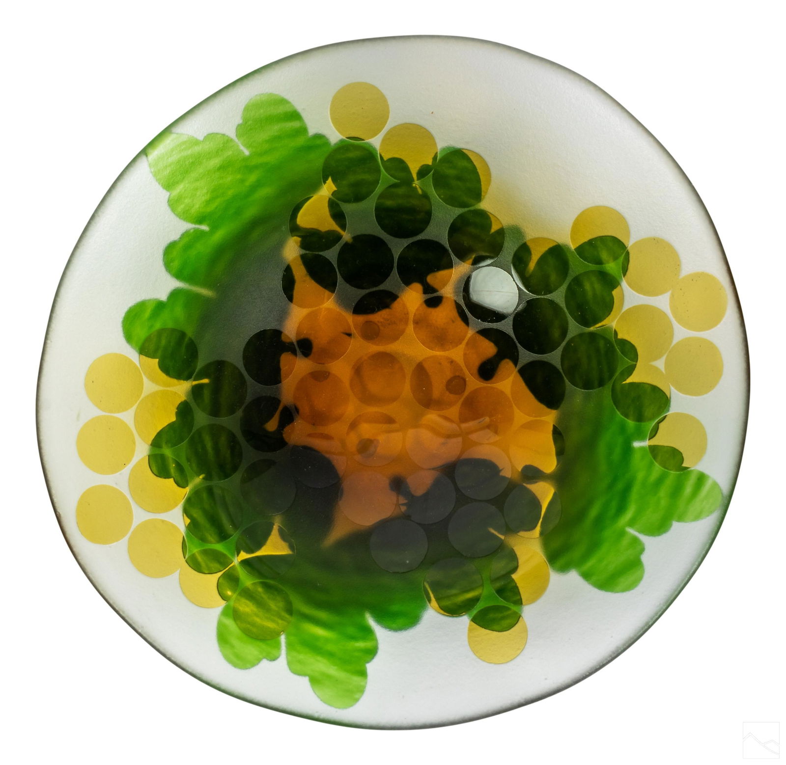 Kosta Boda Paul Hoff Cameo Glass Centerpiece Bowl: Postmodern abstract cameo glass centerpiece bowl sculpture, designed for Kosta Boda by glass artist Paul Hoff (Swedish, born 1945). Encircling green cameo glass grape or olive leaf forms to exterior,